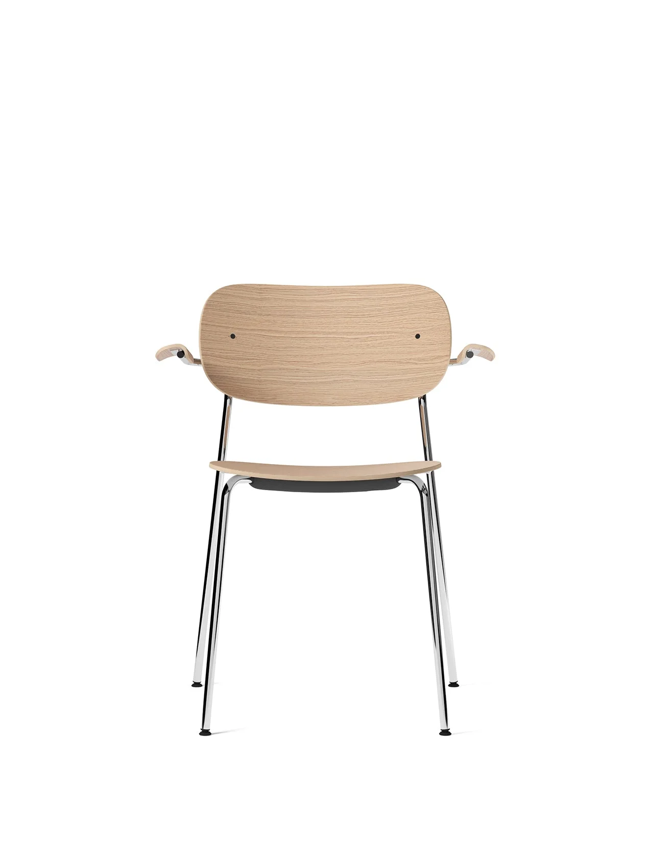 The Co Dining Chair with armrest, shown front-on, has a natural oak seat, backrest and small armrests on a slim chrome frame.