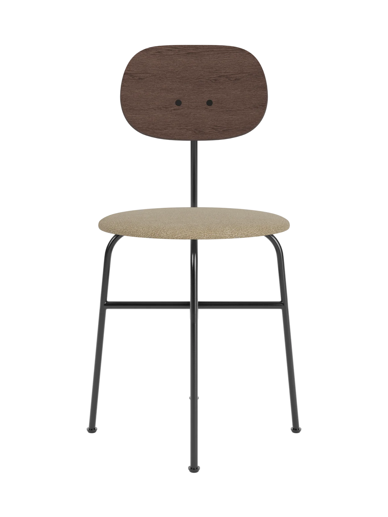 Afteroom Dining Chair Plus with a beige bouclé seat, dark stained oak backrest and black powder-coated steel frame.