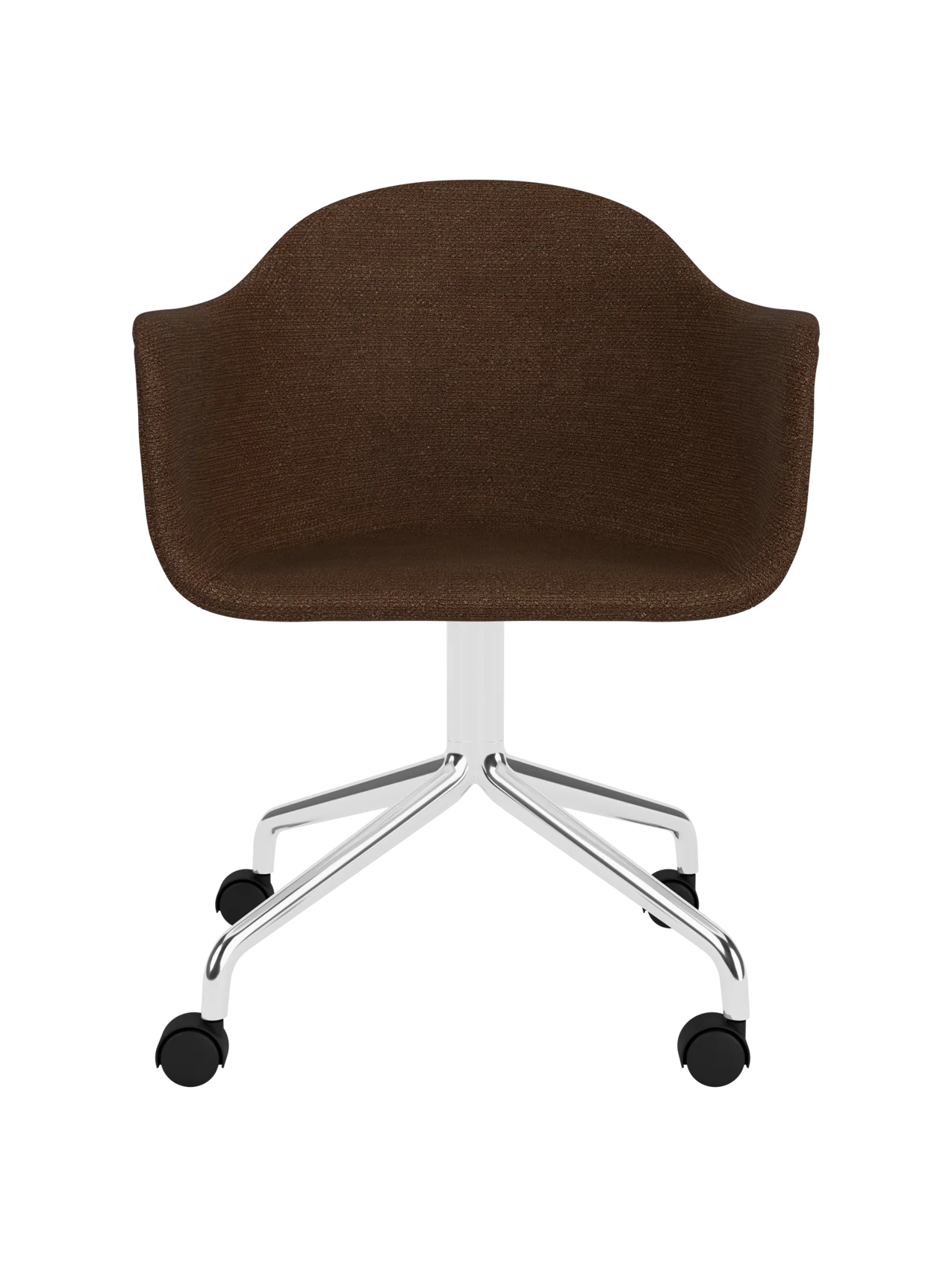 Harbour Dining Chair in dark brown bouclé with a polished aluminium star base and black casters.