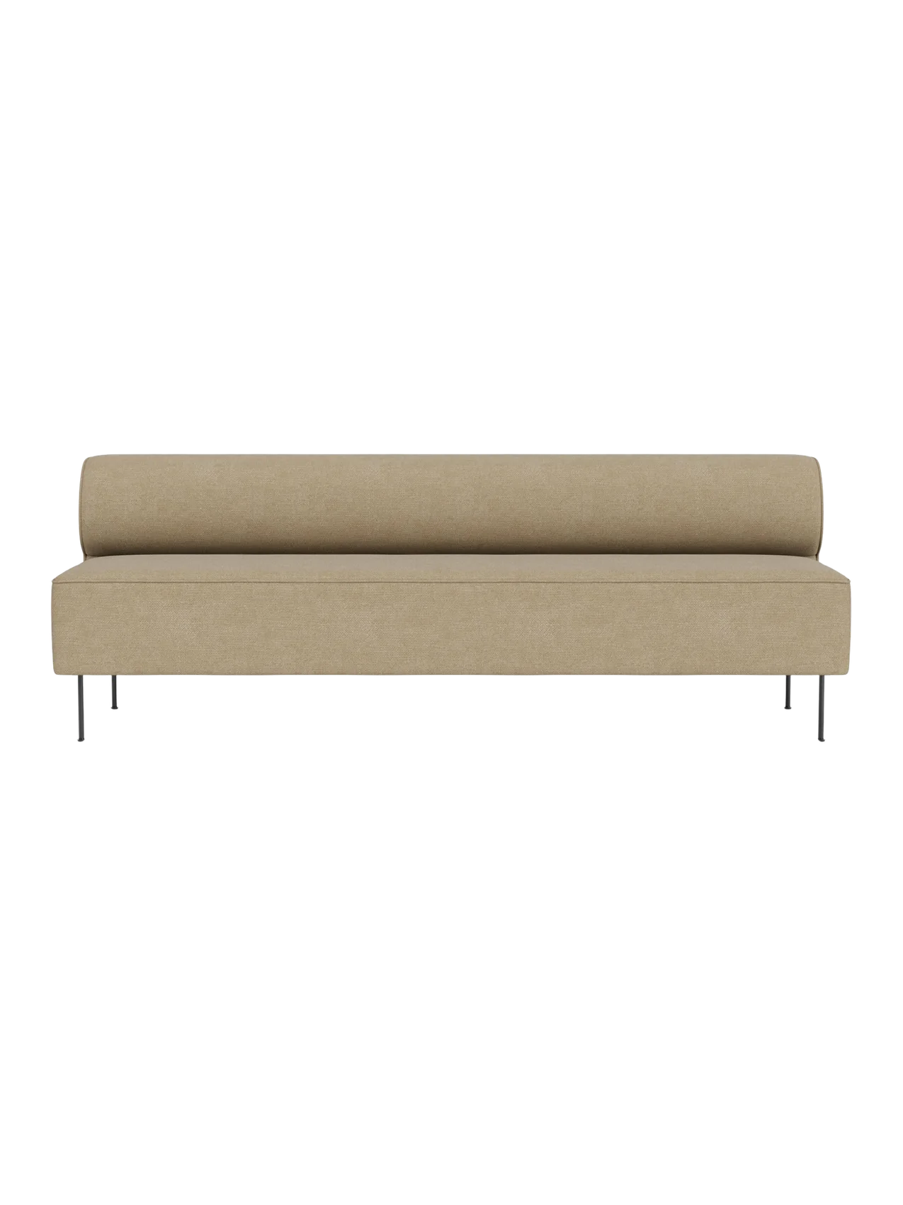 Front view of the Eave Dining Sofa in light beige Audo Bouclé 02. The armless sofa has a low back and slender metal legs.