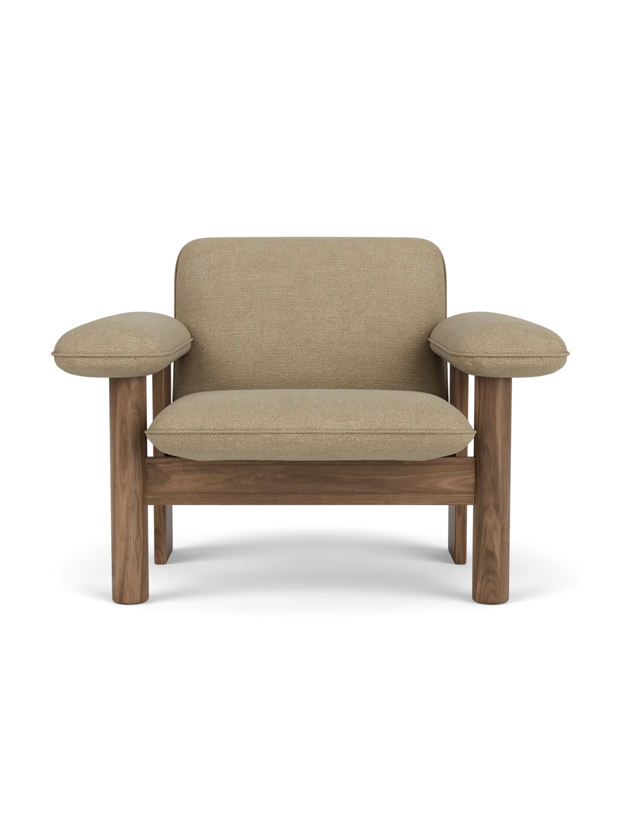 Front view of the Brasilia Lounge Chair, Low Back, with a walnut wood frame and light beige Audo Bouclé 02 upholstery.