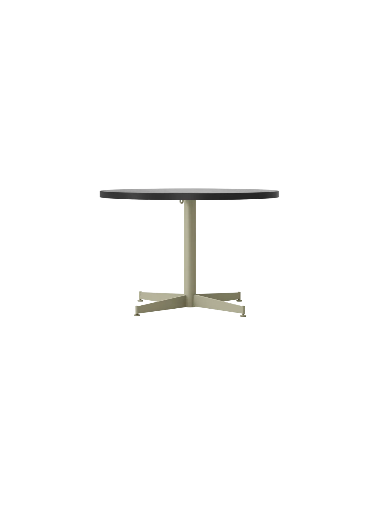 Front view of the Nook Lounge Table with a charcoal linoleum top and an olive powder-coated steel four-star base.