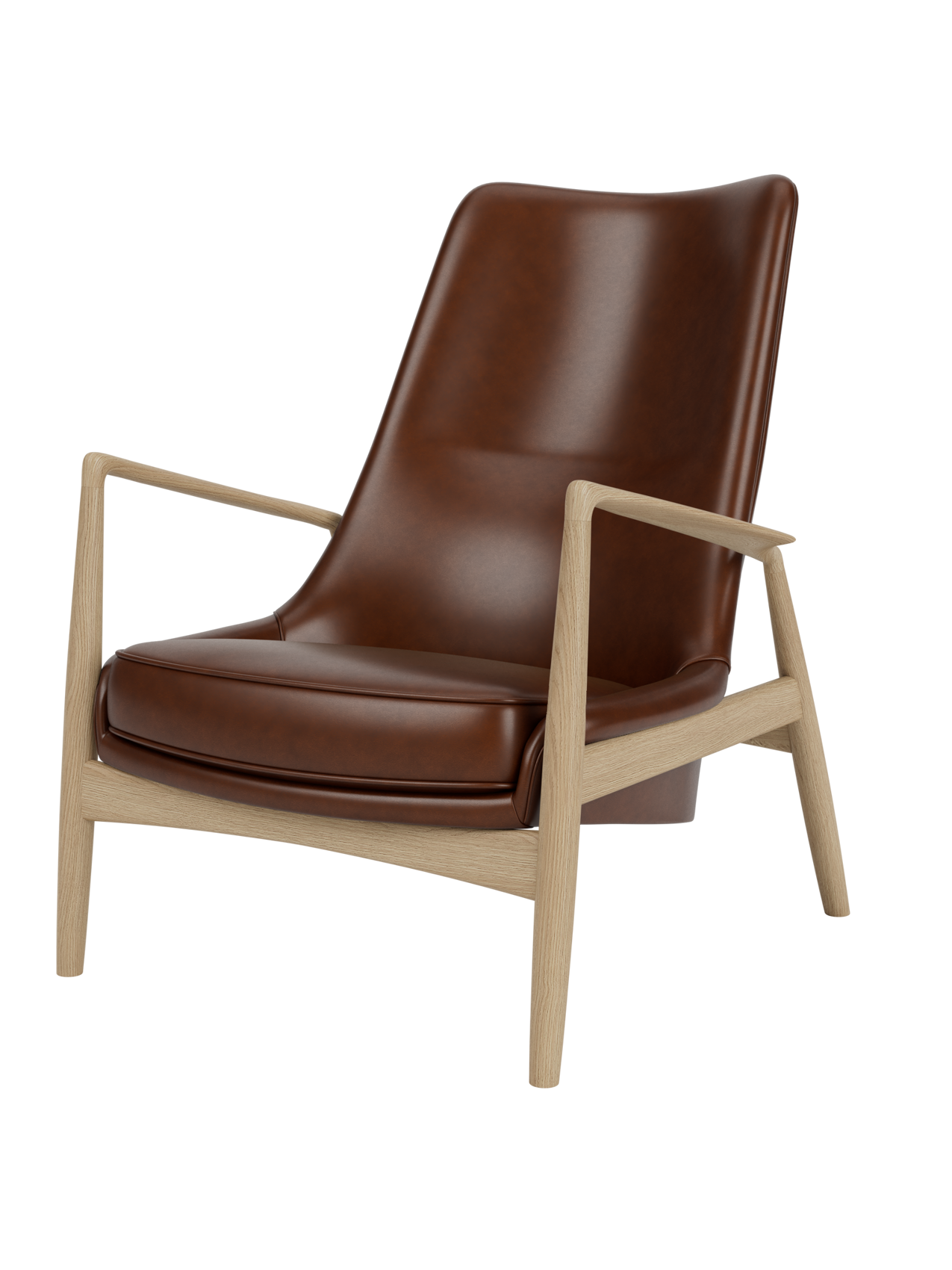 Studio shot of The Seal Lounge Chair, High Back. The chair has a natural oak frame and is upholstered in dark brown leather.