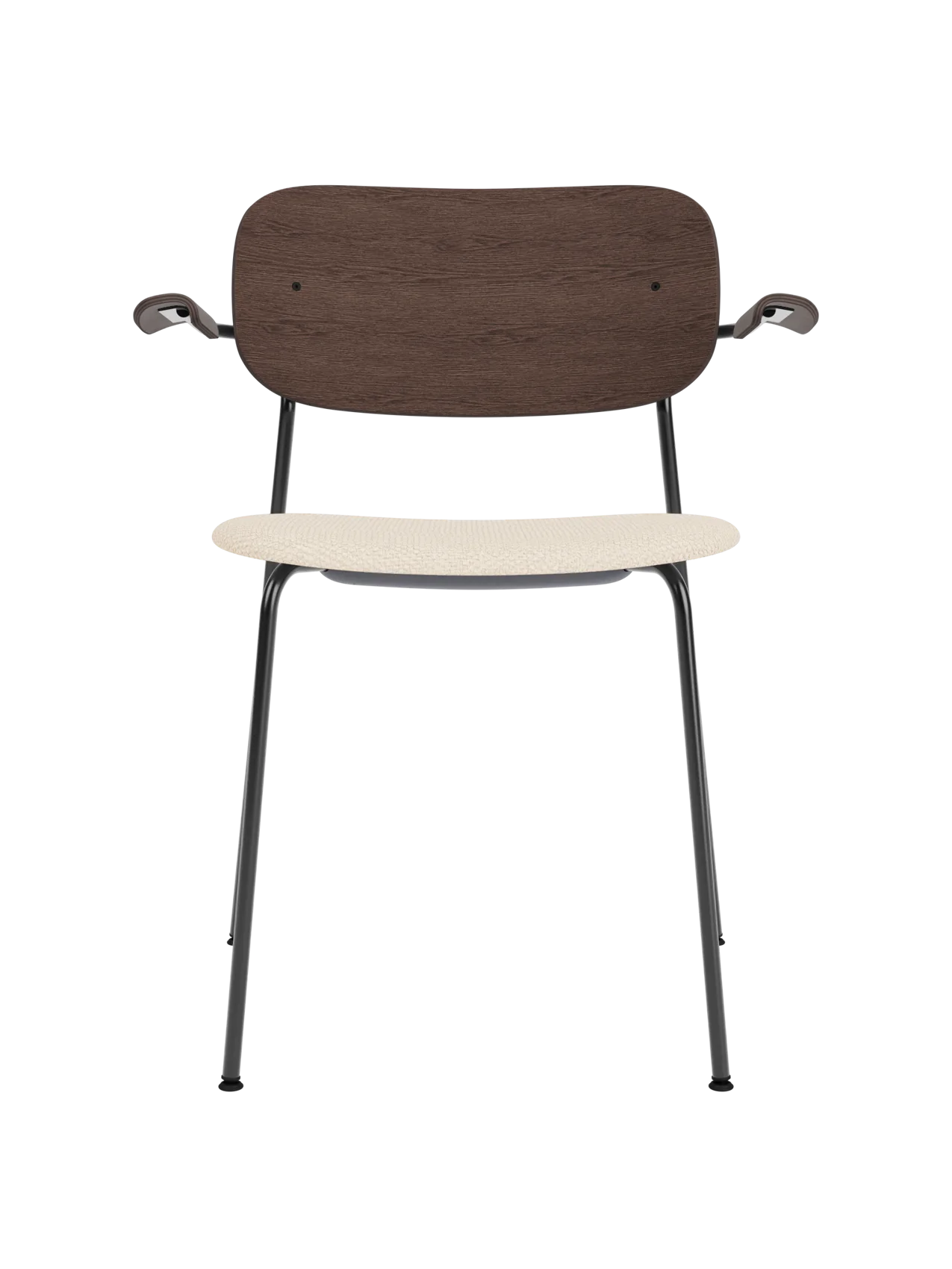 Co Dining Chair with armrests, black frame, dark stained oak backrest and beige Logan Jasmine upholstered seat.