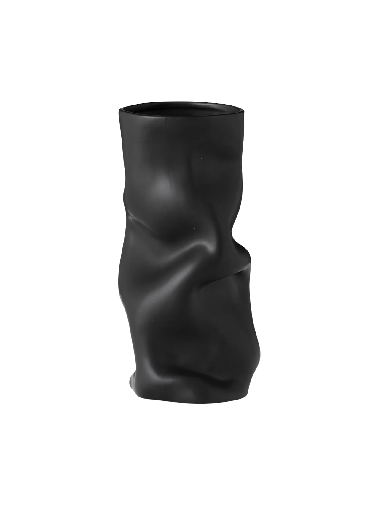A front-on shot of the black Collapse Vase. The modern, sculptural vase has a matte finish and distinctive crumpled form.