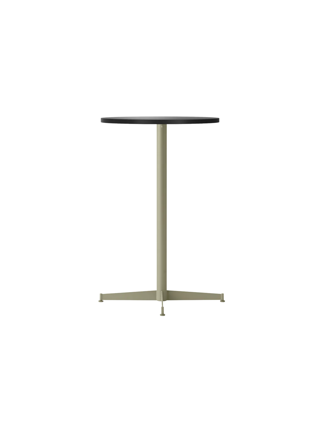 Angled view of the Nook Counter Table with a circular charcoal linoleum top and slender olive metal pedestal base.