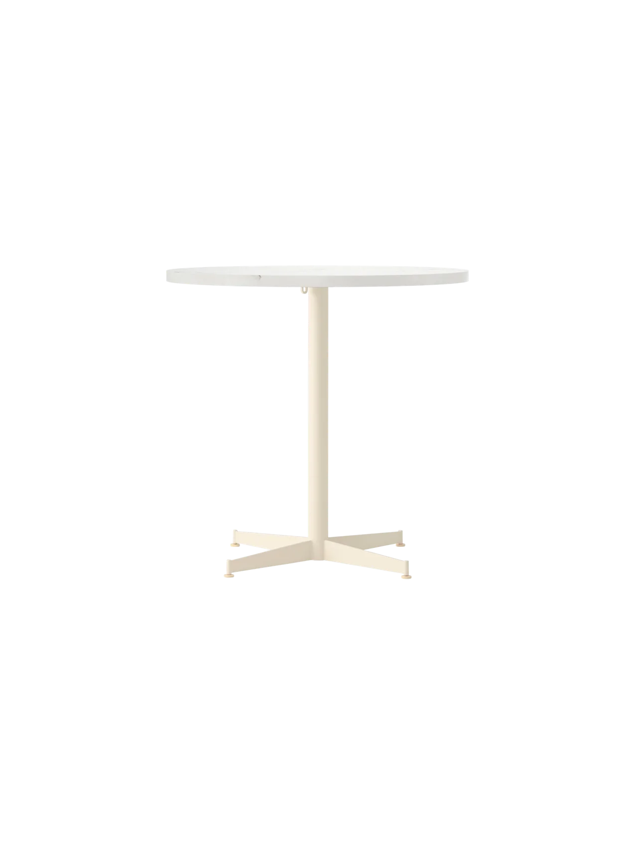A front-on view of the Nook Dining Table, featuring a round, light-coloured stone top and an ivory powder-coated metal base.