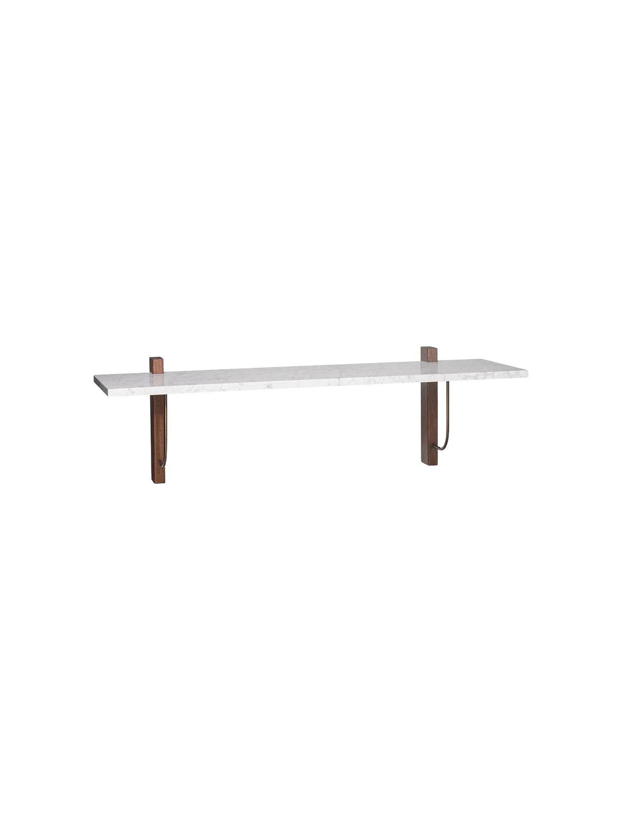 Angled view of the Corbel Shelf, featuring a white Carrara marble top supported by two dark wood brackets with brass hooks.