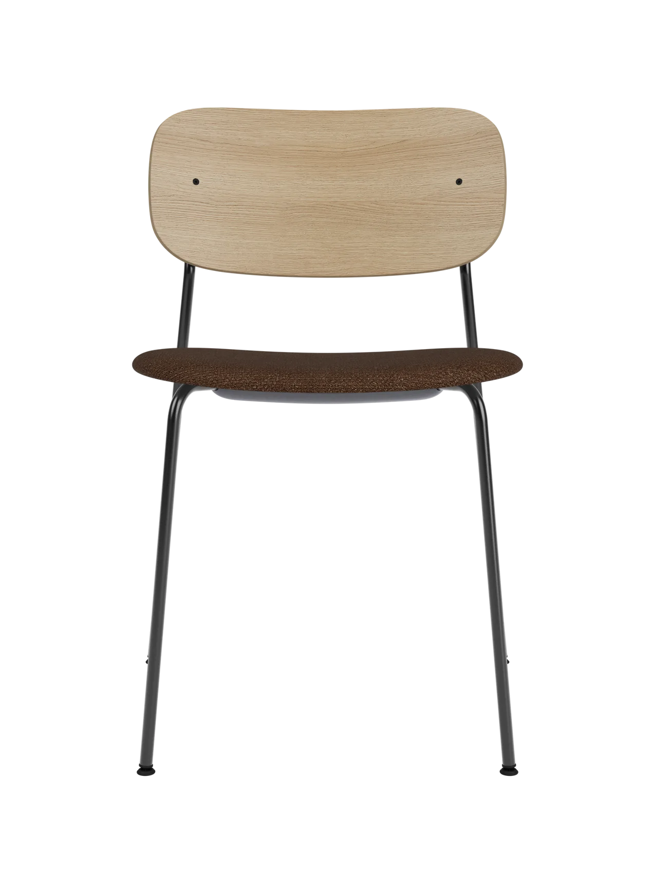 Co Dining Chair featuring a black steel frame, a natural oak backrest, and a brown bouclé upholstered seat.