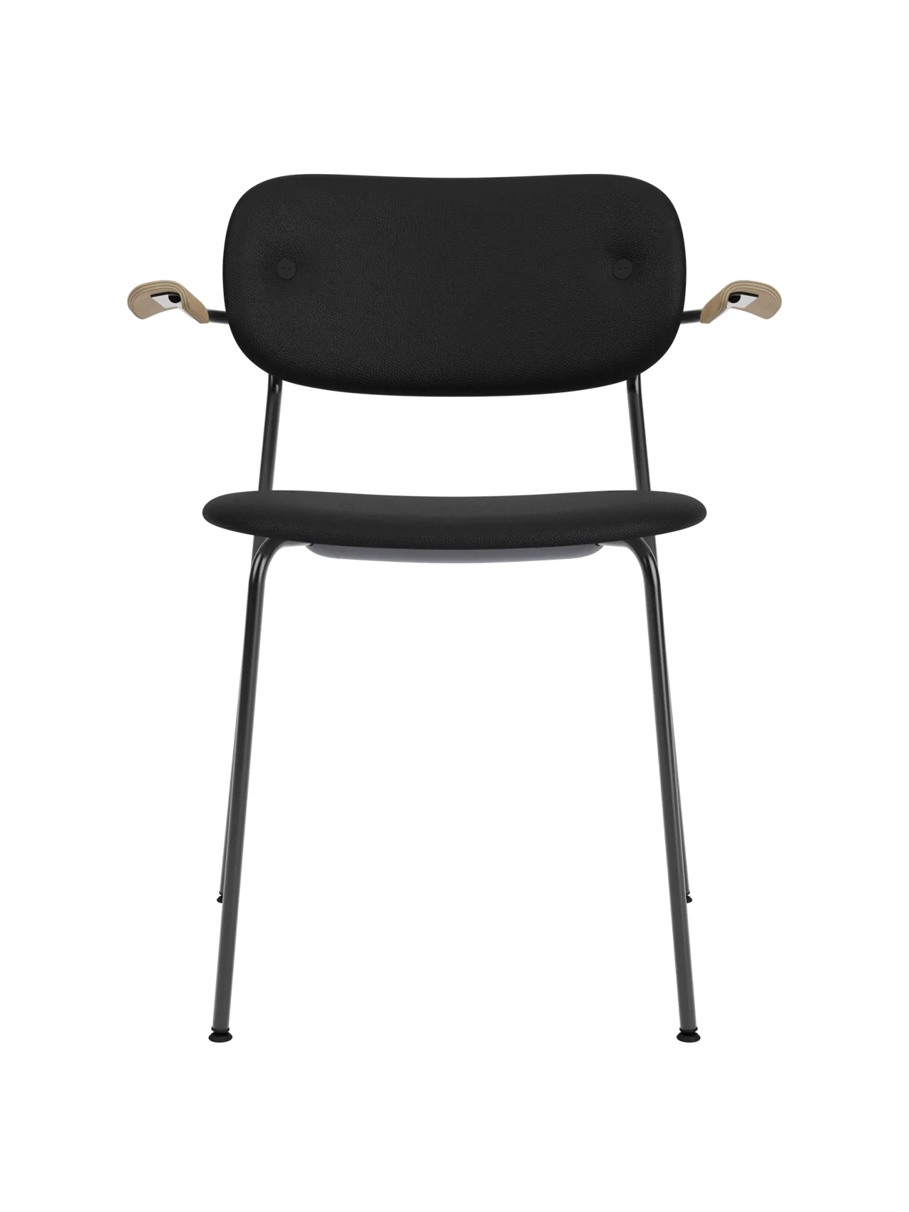 Fully upholstered black Co Dining Chair with natural oak armrests and a sleek black powder-coated steel frame.