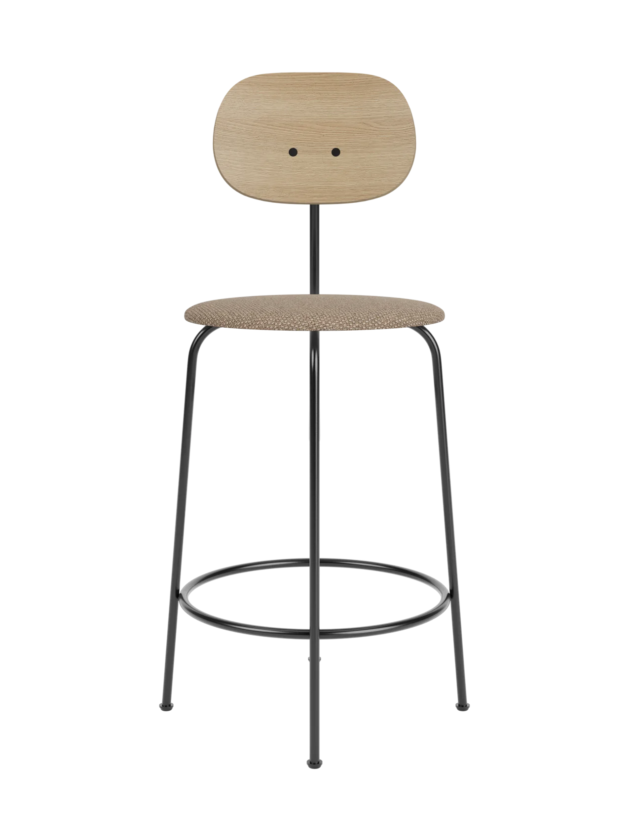 Afteroom Counter Chair Plus featuring a natural oak backrest and Logan Flint upholstered seat on a black steel frame.