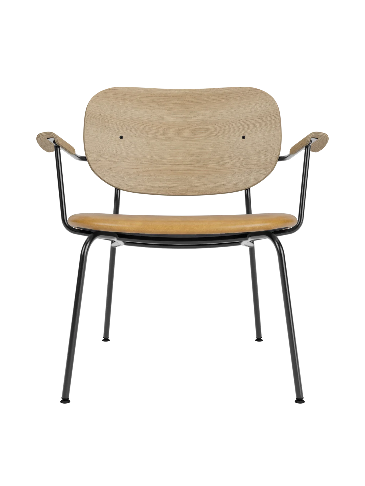 Co Lounge Chair in natural oak with a tan Dakar 0250 leather seat and a slender black powder-coated steel frame.