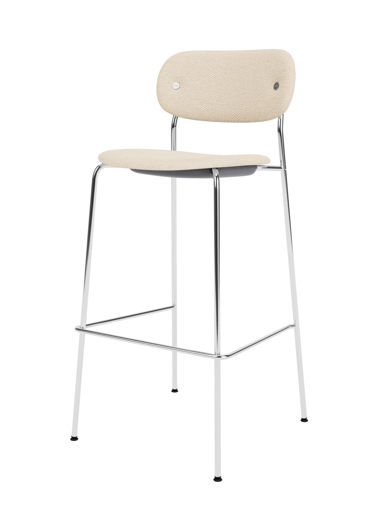 Minimalist Co Bar Chair with light beige Logan Jasmine upholstery and a polished chrome tubular steel frame.
