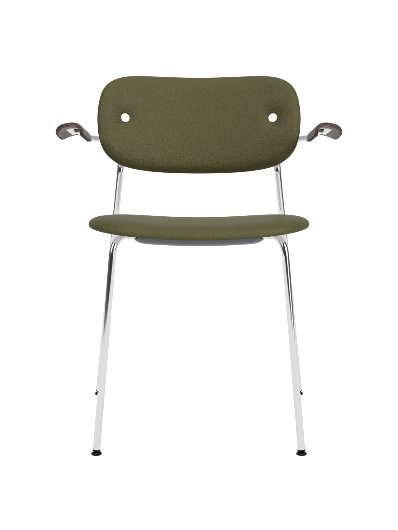 Co Dining Chair with armrests, olive green leather upholstery and dark stained oak arms on a chrome frame.