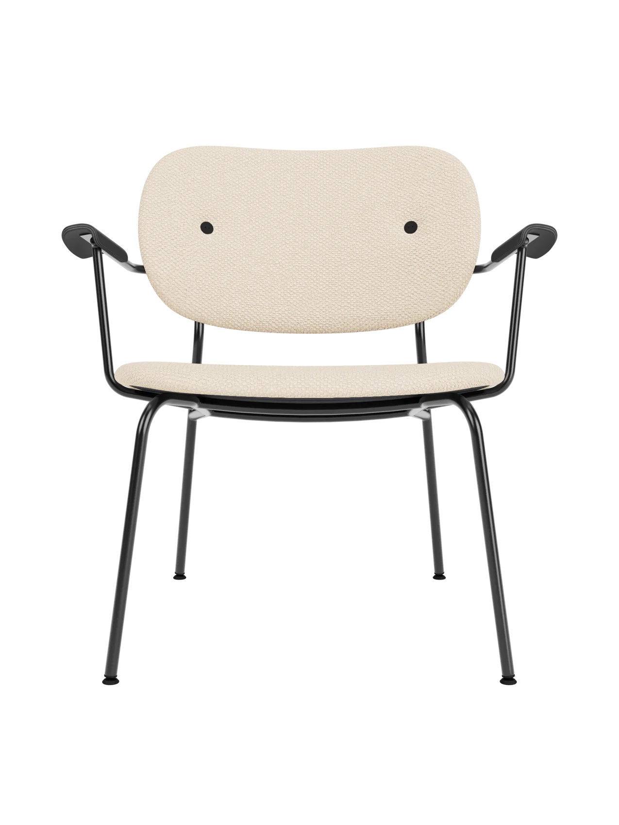 Fully upholstered Co Lounge Chair in Logan Jasmine fabric with black painted oak armrests and a slender steel frame.
