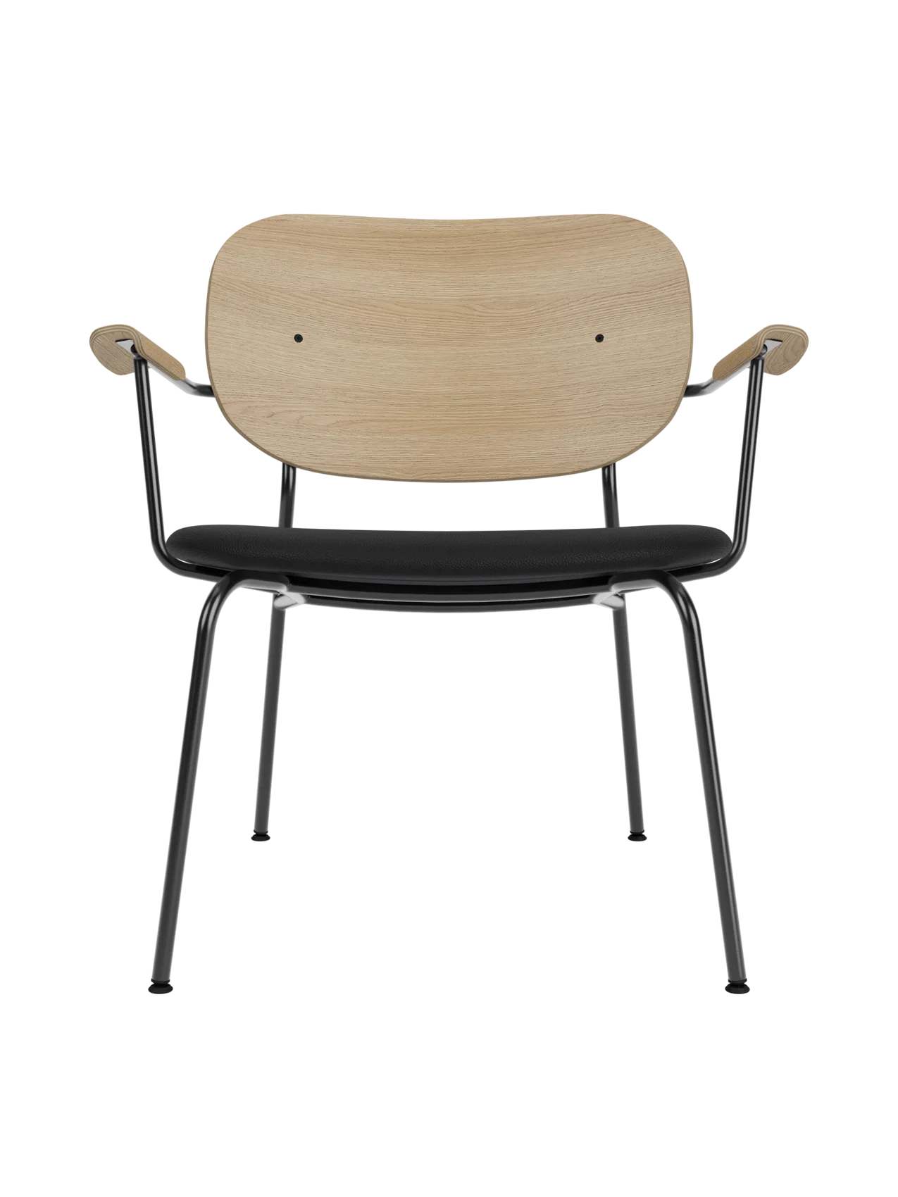 Co Lounge Chair in natural oak with a black Sierra 1001 leather upholstered seat and powder-coated steel frame.
