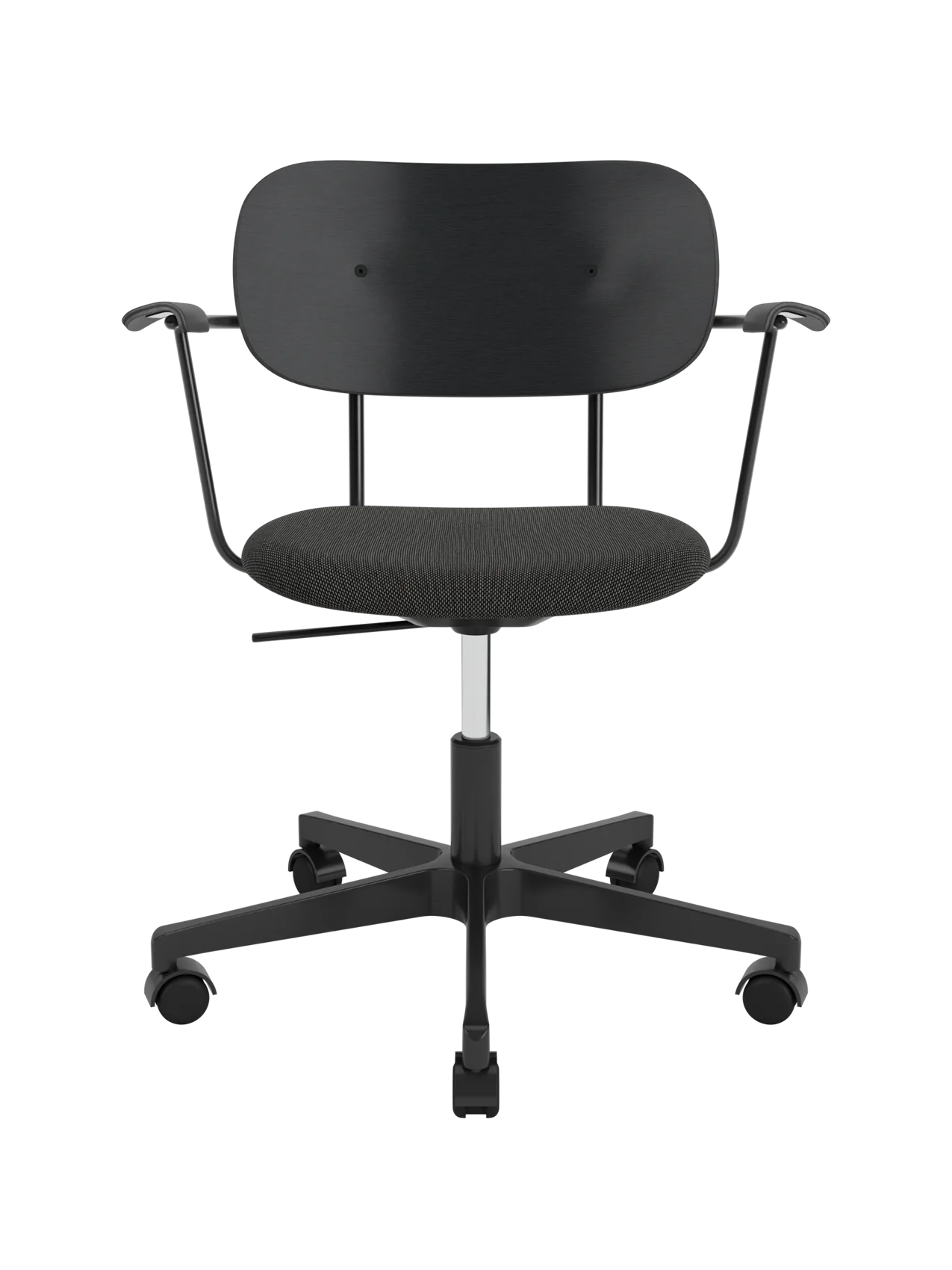 Co Task Chair with black upholstered seat and black oak backrest, featuring armrests on a five-star swivel base with castors.