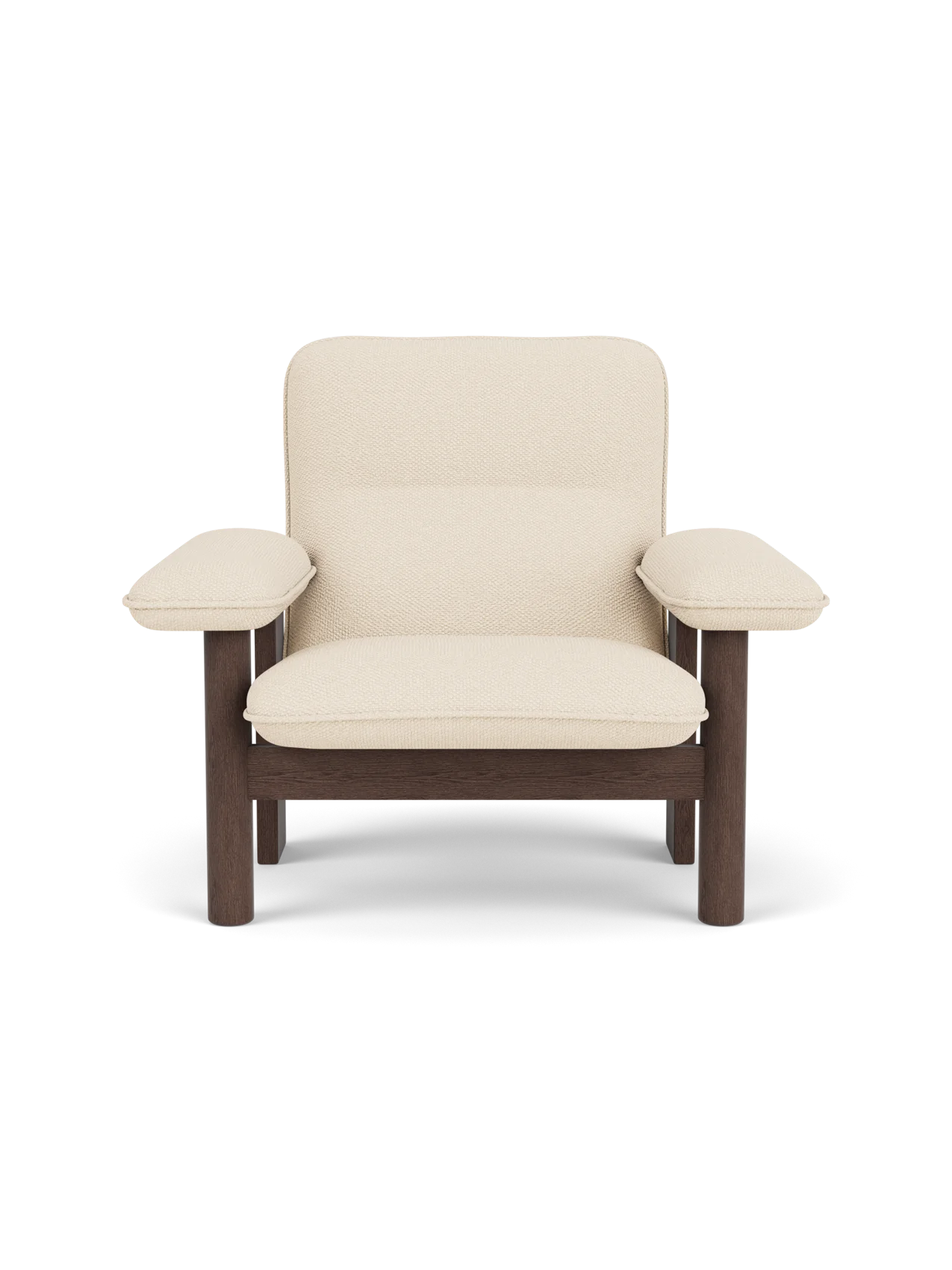Front view of the Brasilia Lounge Chair, High Back, with a dark stained oak frame and cream-coloured Logan Jasmine fabric.