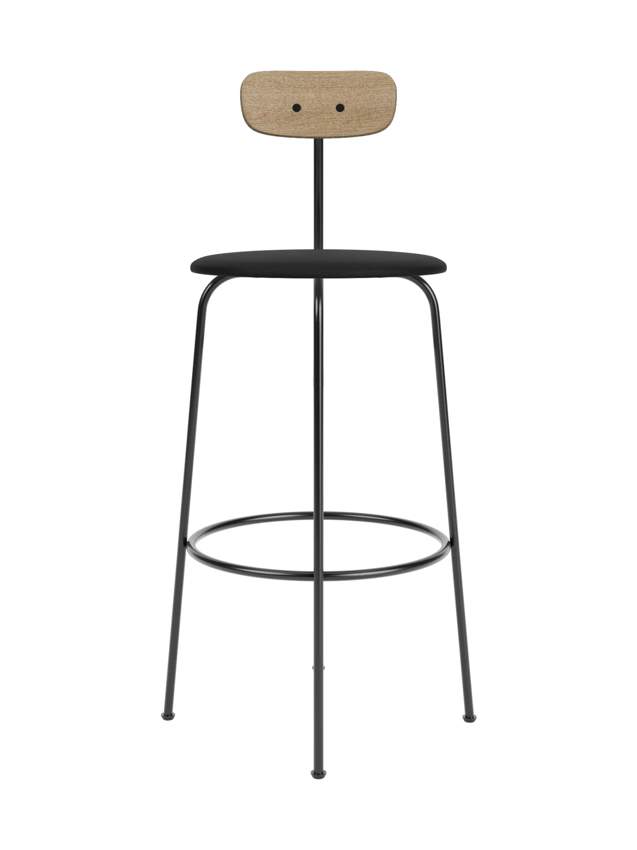 Afteroom Bar Chair with a natural oak backrest and black upholstered seat on a slim, minimalist black steel frame.