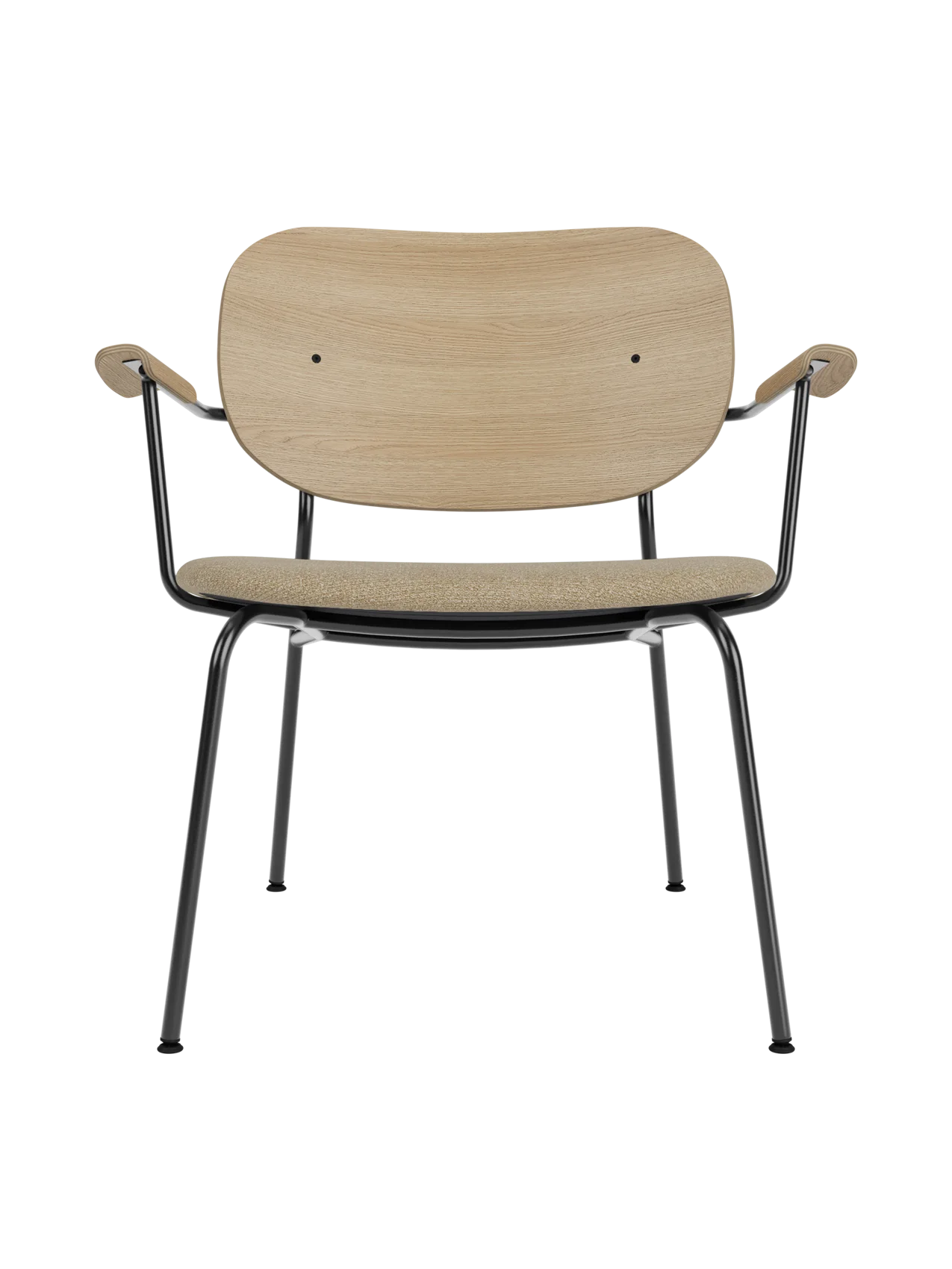 Co Lounge Chair with a natural oak backrest and beige bouclé seat on a slim black powder-coated steel frame.