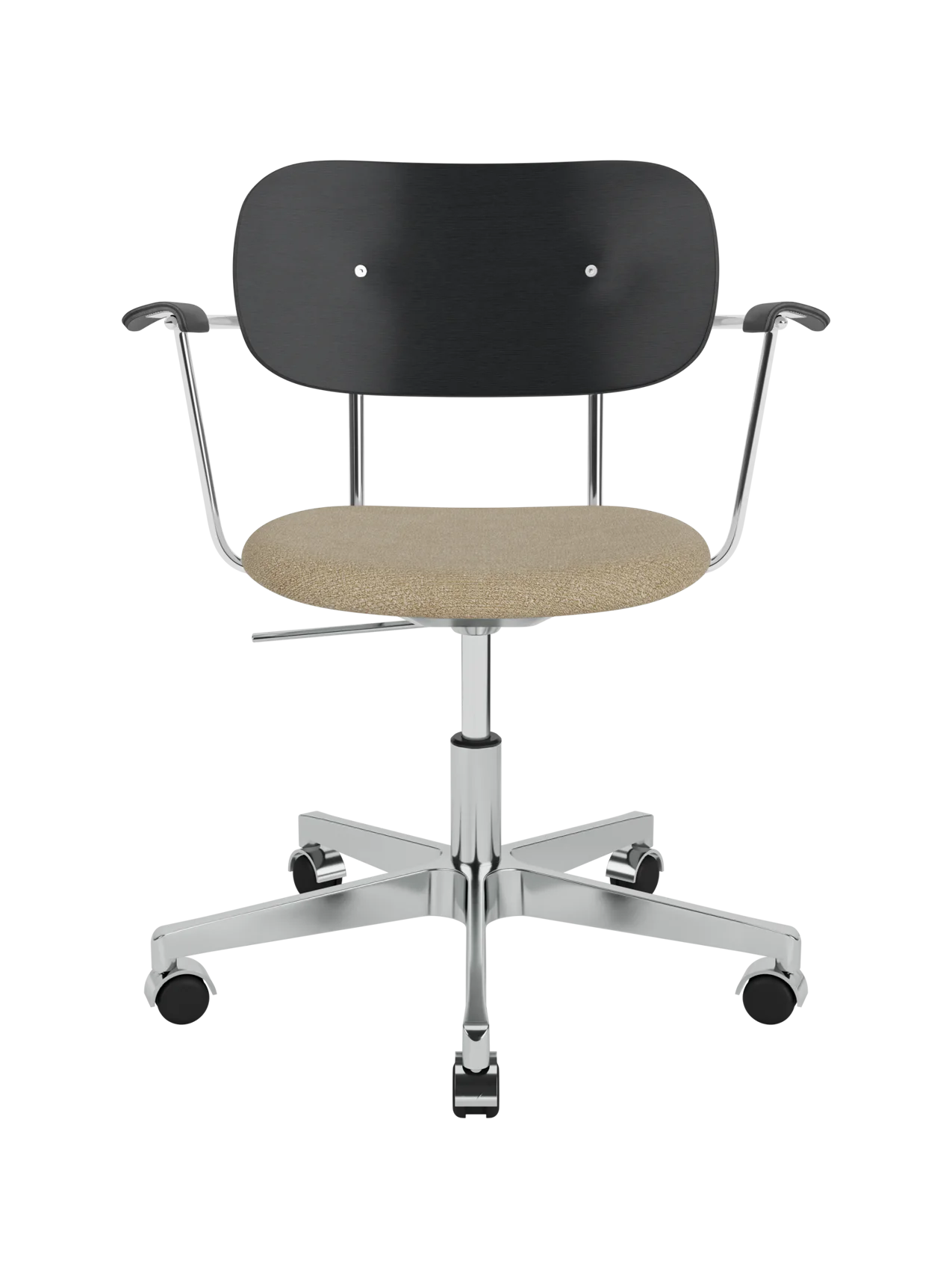 Co Task Chair featuring a black oak back, beige boucle upholstered seat and a polished chrome swivel base with castors.