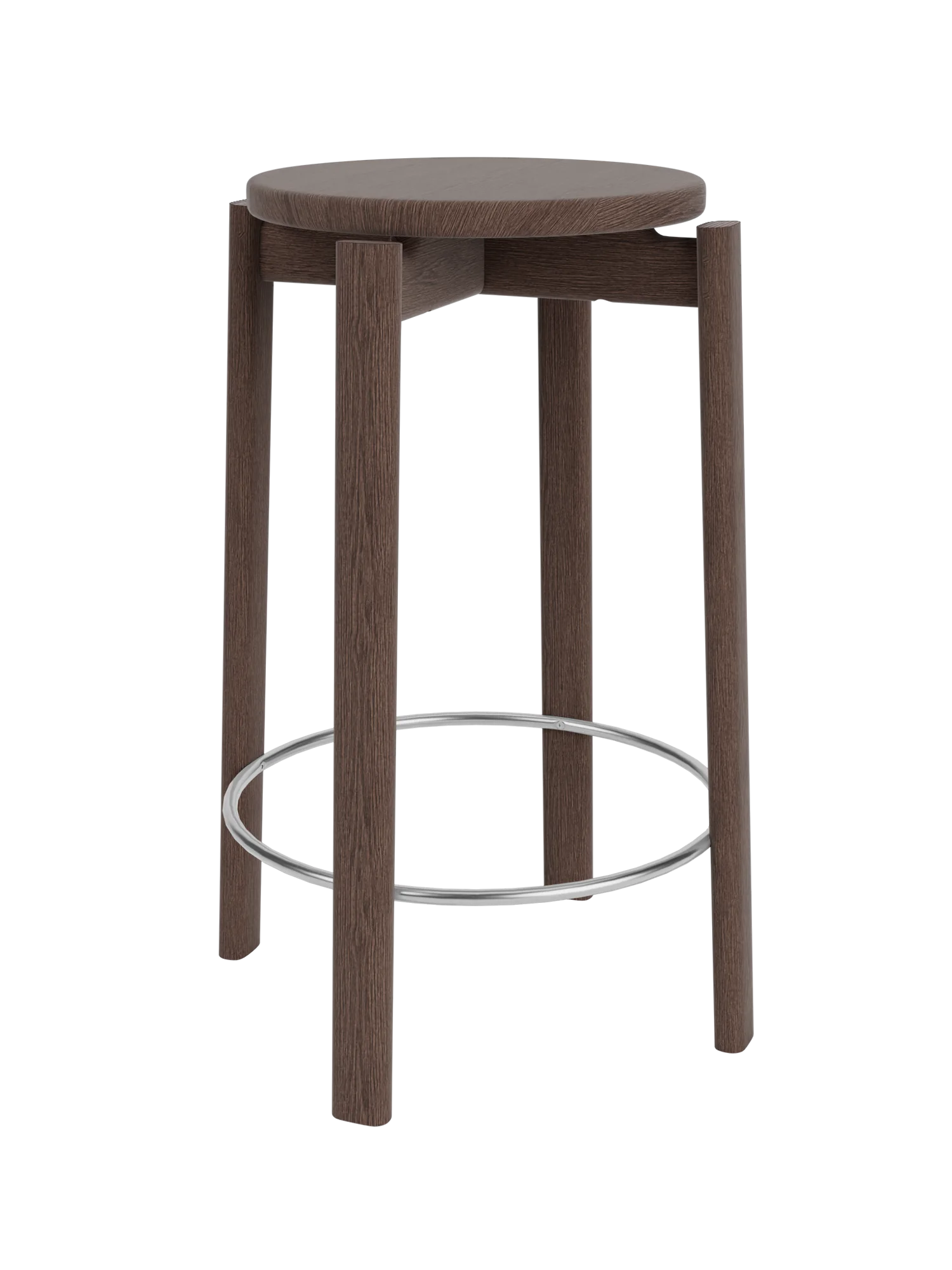 Round dark-walnut wooden bar stool with four vertical legs and a chrome circular footrest, viewed close-up on black
