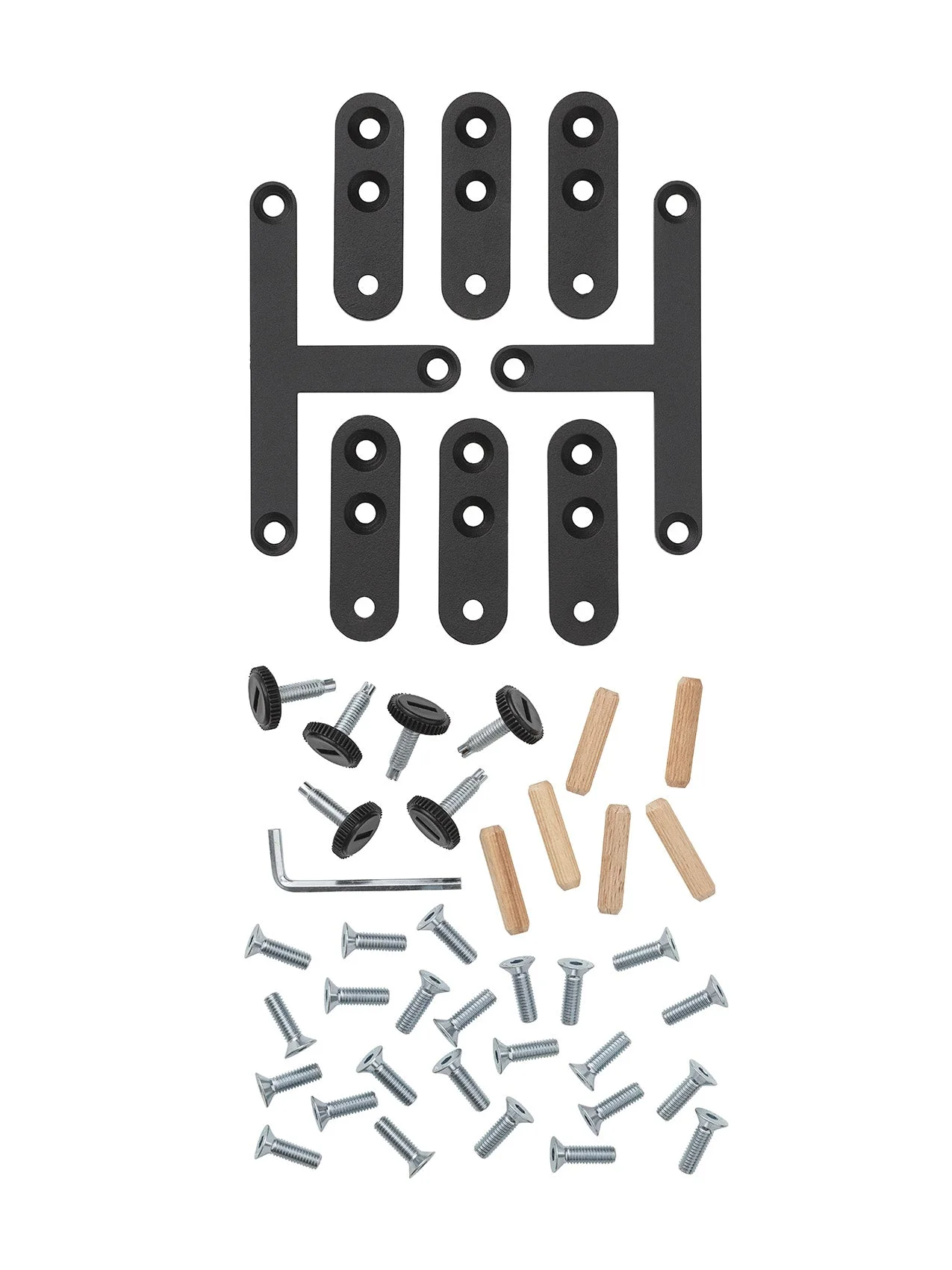 Assembly hardware kit including black metal brackets, wooden dowels, various screws, and an Allen key.