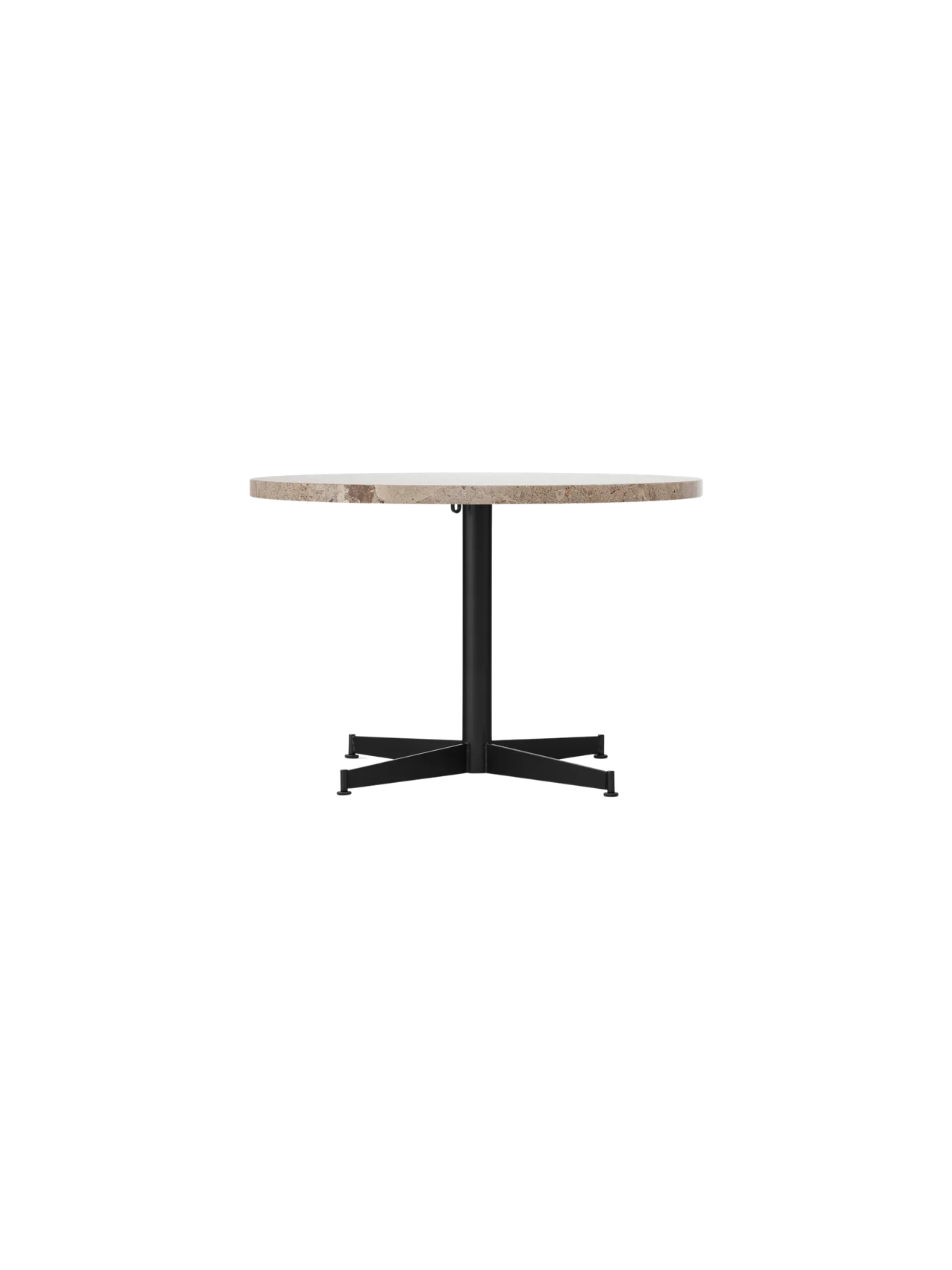 Front view of the Nook Lounge Table, featuring a round Kunis Breccia stone top and a slender black steel four-star base.
