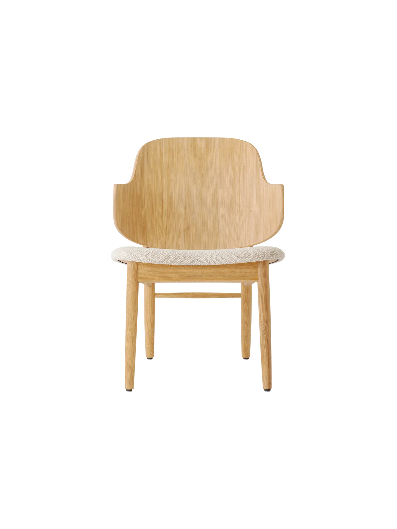 The Penguin Wooden Lounge Chair in natural oak with a light beige textured upholstered seat, seen from the front.