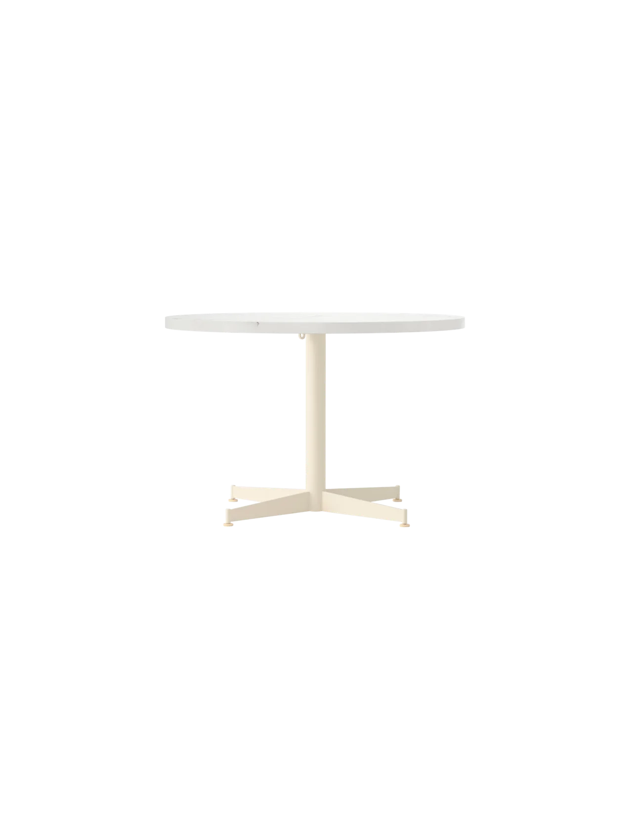 Front view of the Nook Lounge Table with a round Estremoz marble top and a slender, ivory powder-coated four-star base.