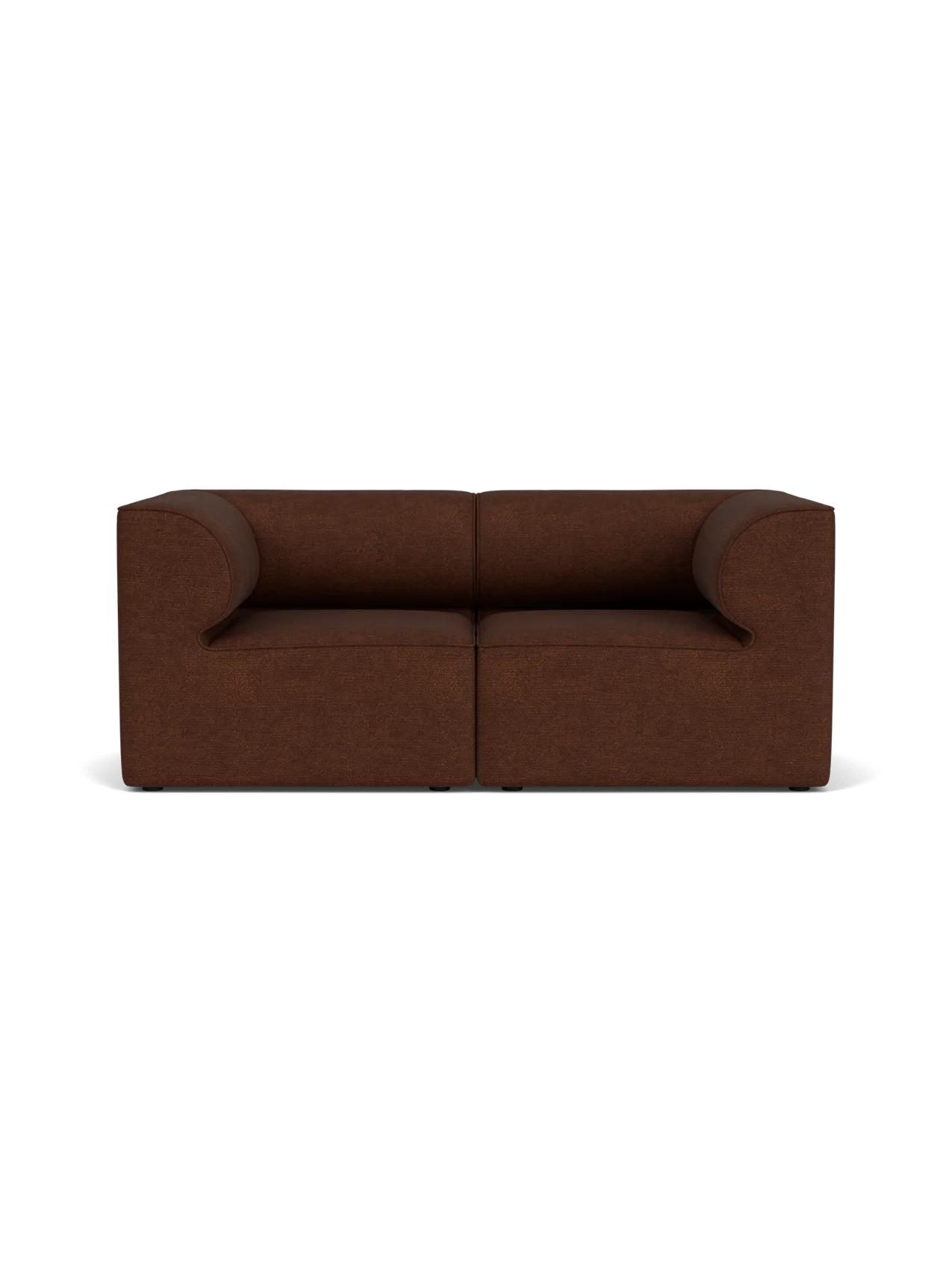 A front-on view of the Eave Modular Sofa, 86, 2 Seater, upholstered in a textured, warm brown Bouclé 08 fabric.