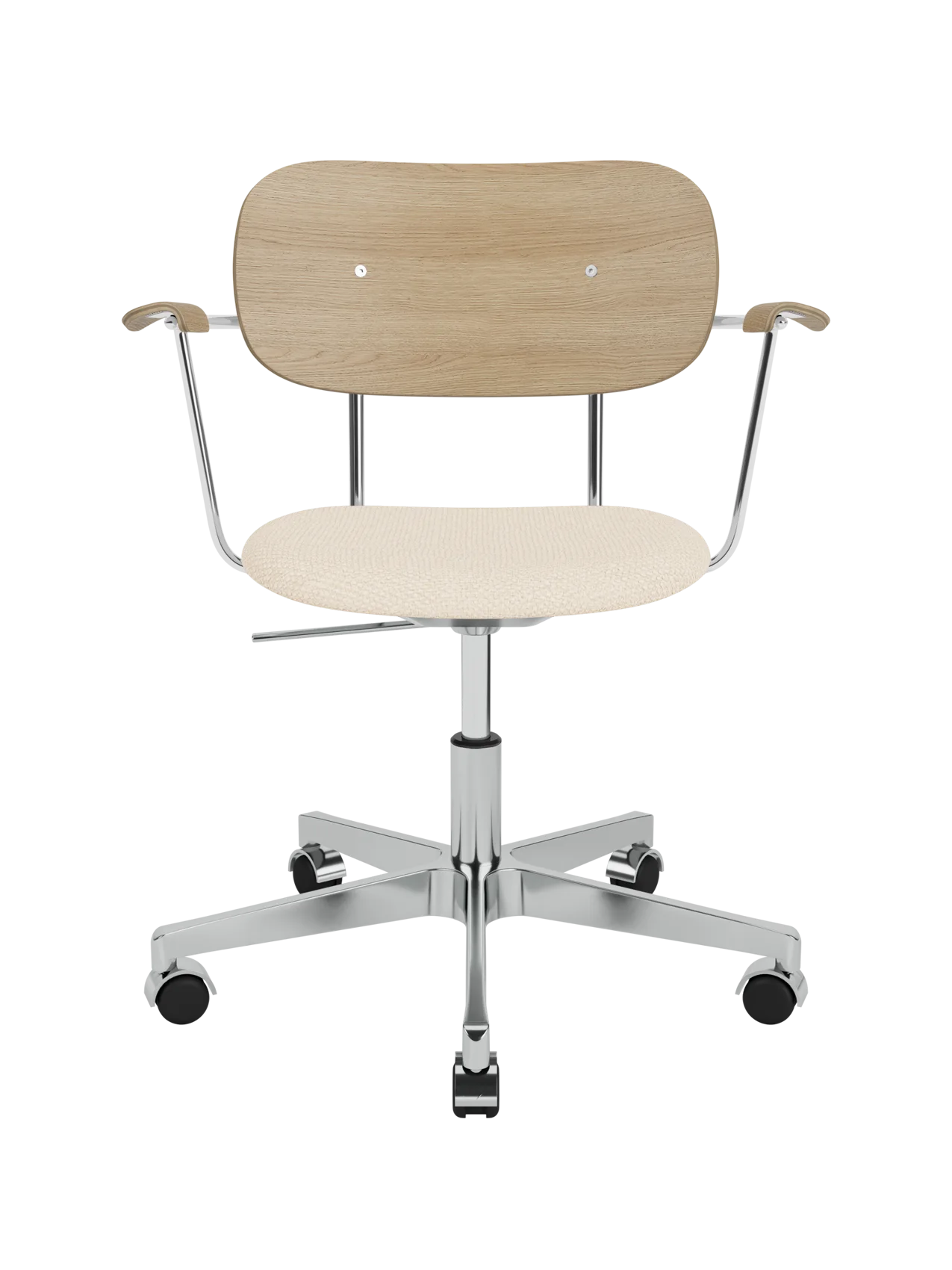 Co Task Chair with Logan Jasmine upholstery, natural oak back and armrests on a polished aluminium base with castors.