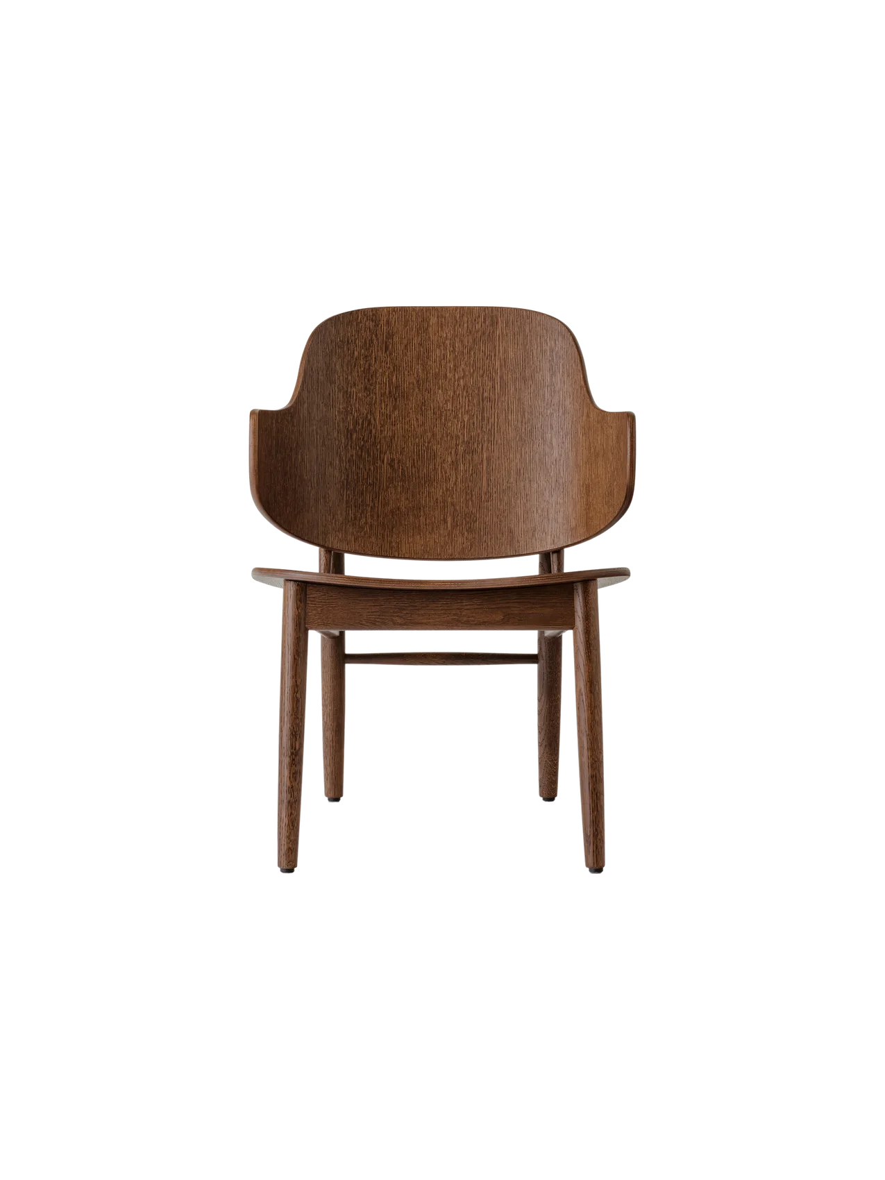 The Penguin Wooden Lounge Chair in red-stained oak, featuring a curved veneer back and solid oak frame.