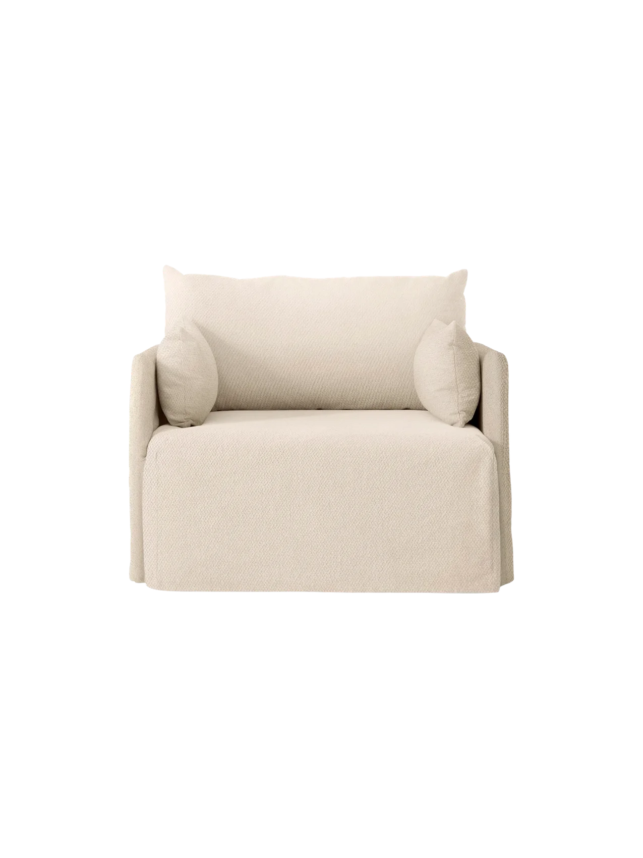 Front view of the one-seater Offset Sofa. It has a relaxed silhouette with a textured, light beige Logan Jasmine loose cover.