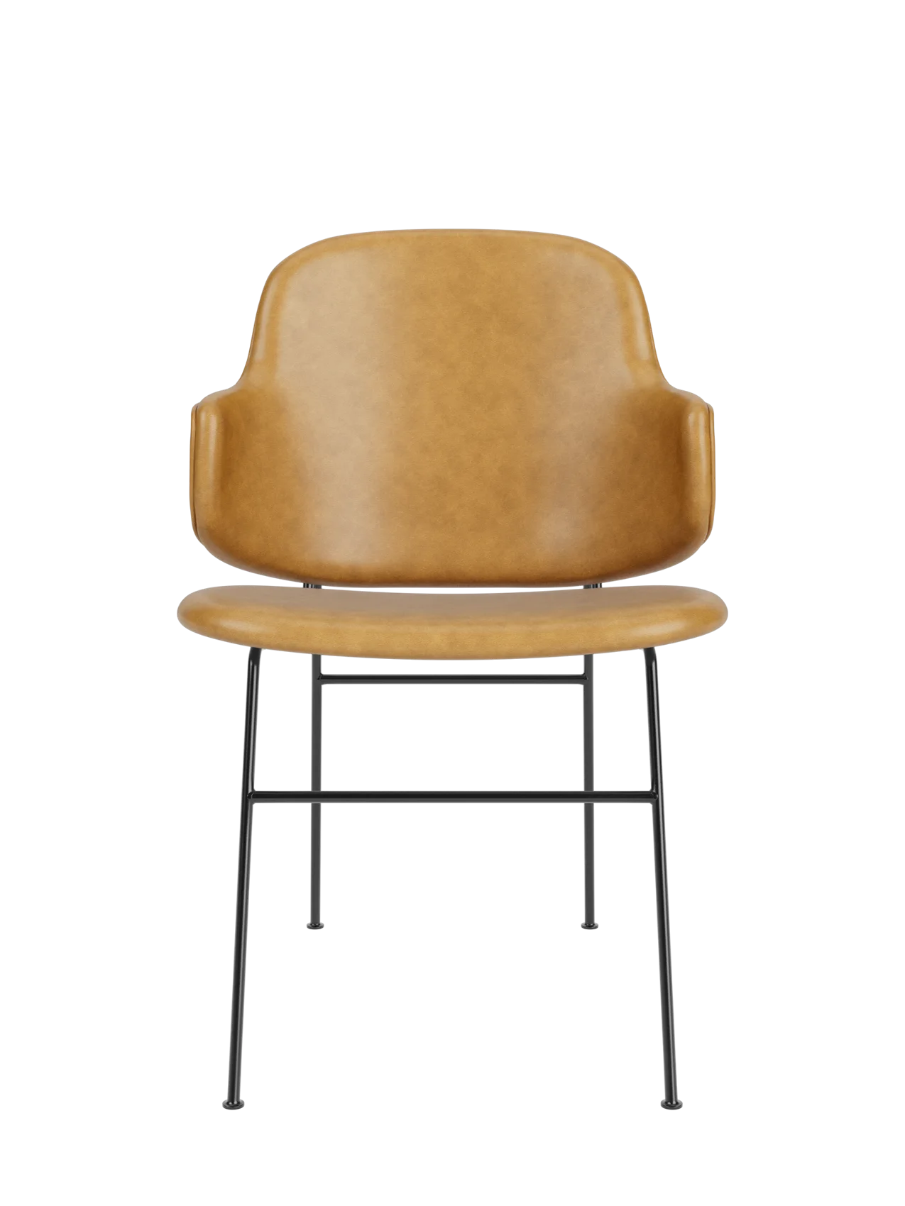 The Penguin Dining Chair in tan upholstery, featuring a mid-century contoured back and slim black steel legs.