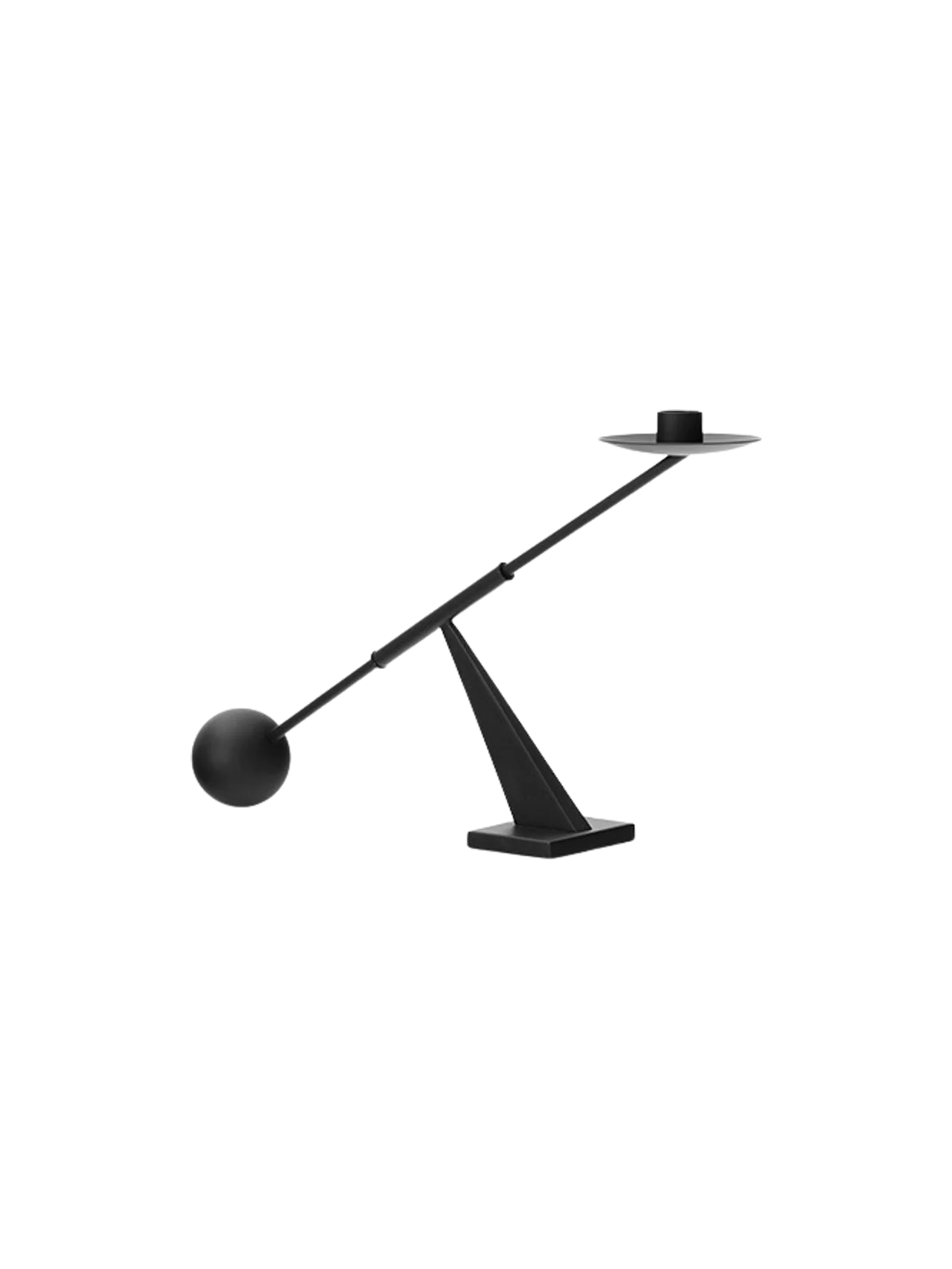 A sculptural Moment Candlestick Holder in black, from an angle, featuring a balancing arm with a spherical counterweight.