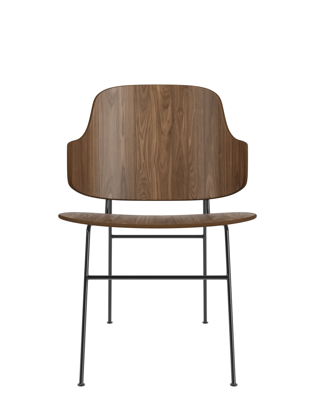 The Penguin Dining Chair in walnut veneer with a sculptural penguin-shaped back and a slender black steel frame.