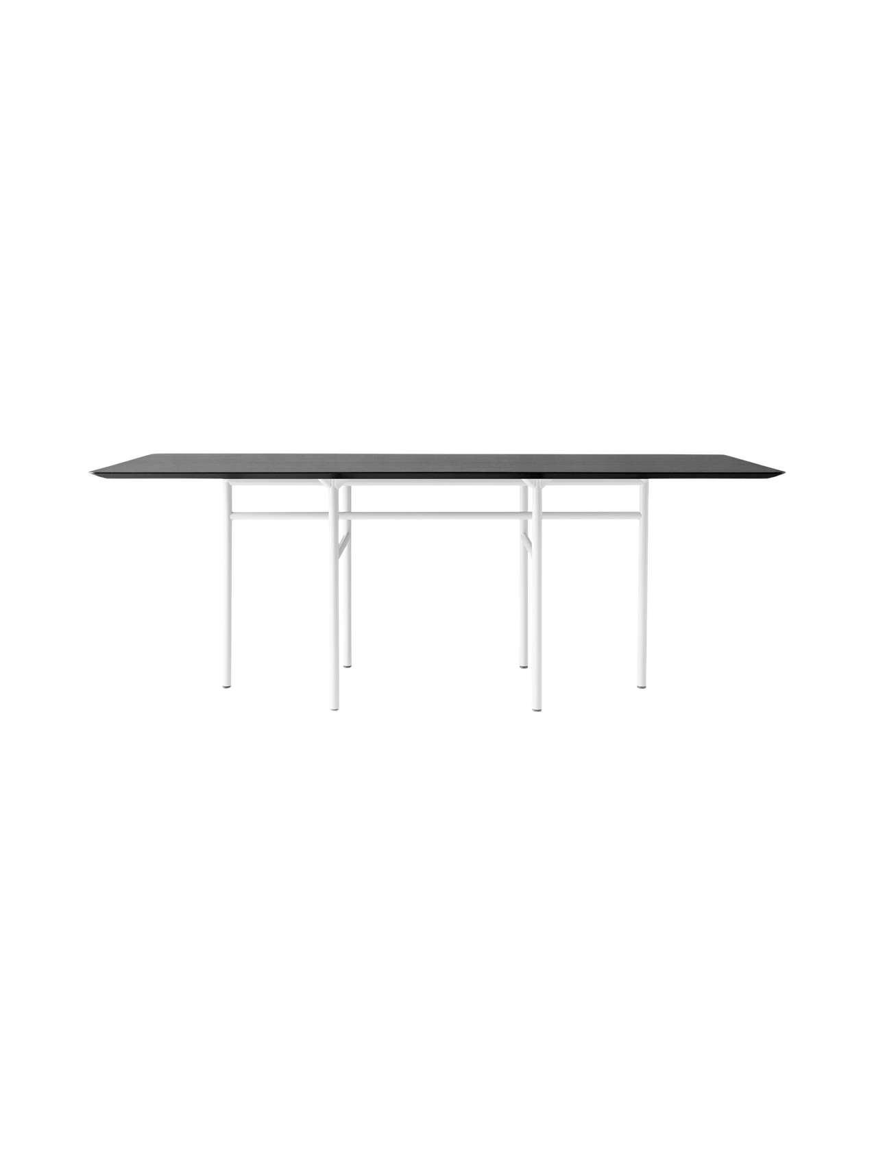 A side view of the rectangular Snaregade Dining Table. It has a black oak veneer top and a geometric light grey steel base.
