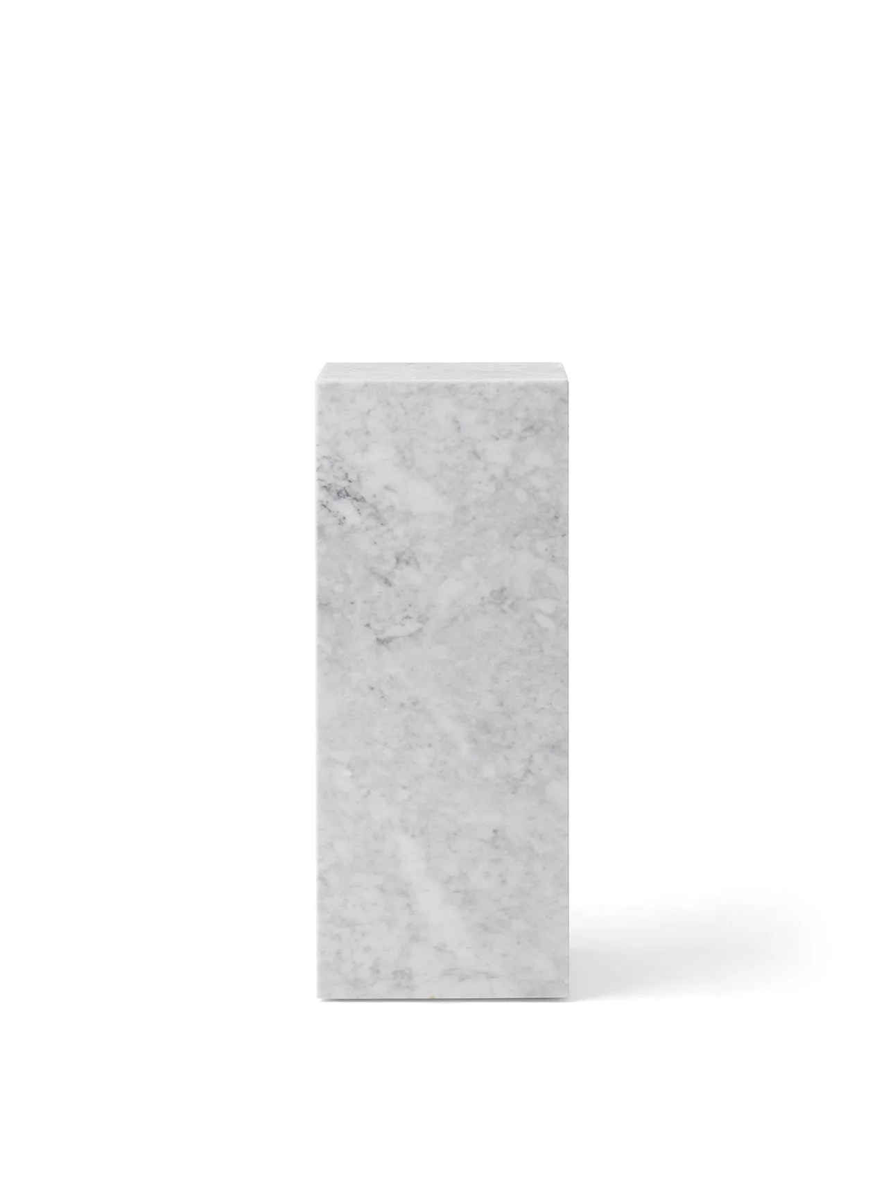 A tall, rectangular Plinth Pedestal made of white Carrara marble with grey veining, shown against a white background.