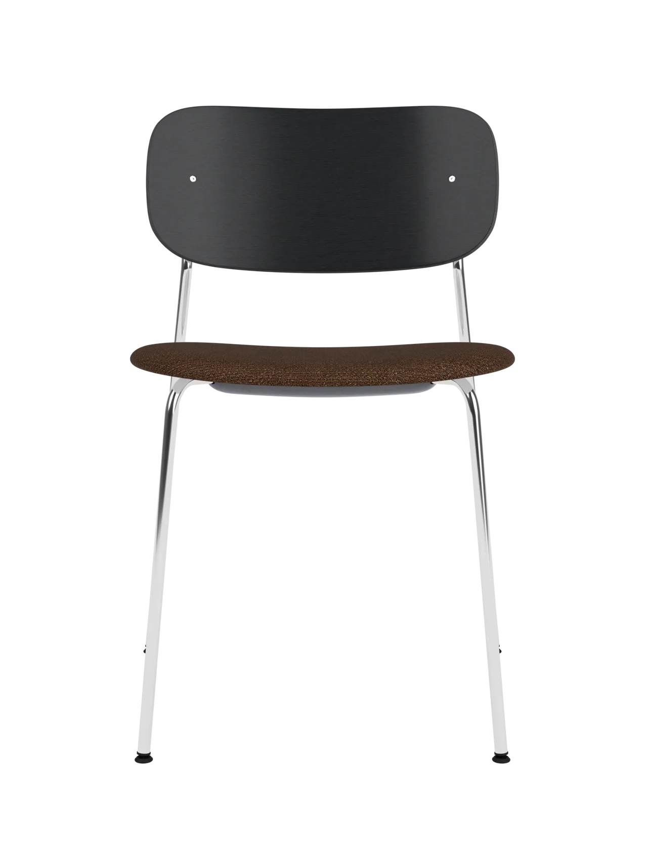 Co Dining Chair featuring a chrome frame, black painted oak backrest and brown Audo Bouclé upholstered seat.