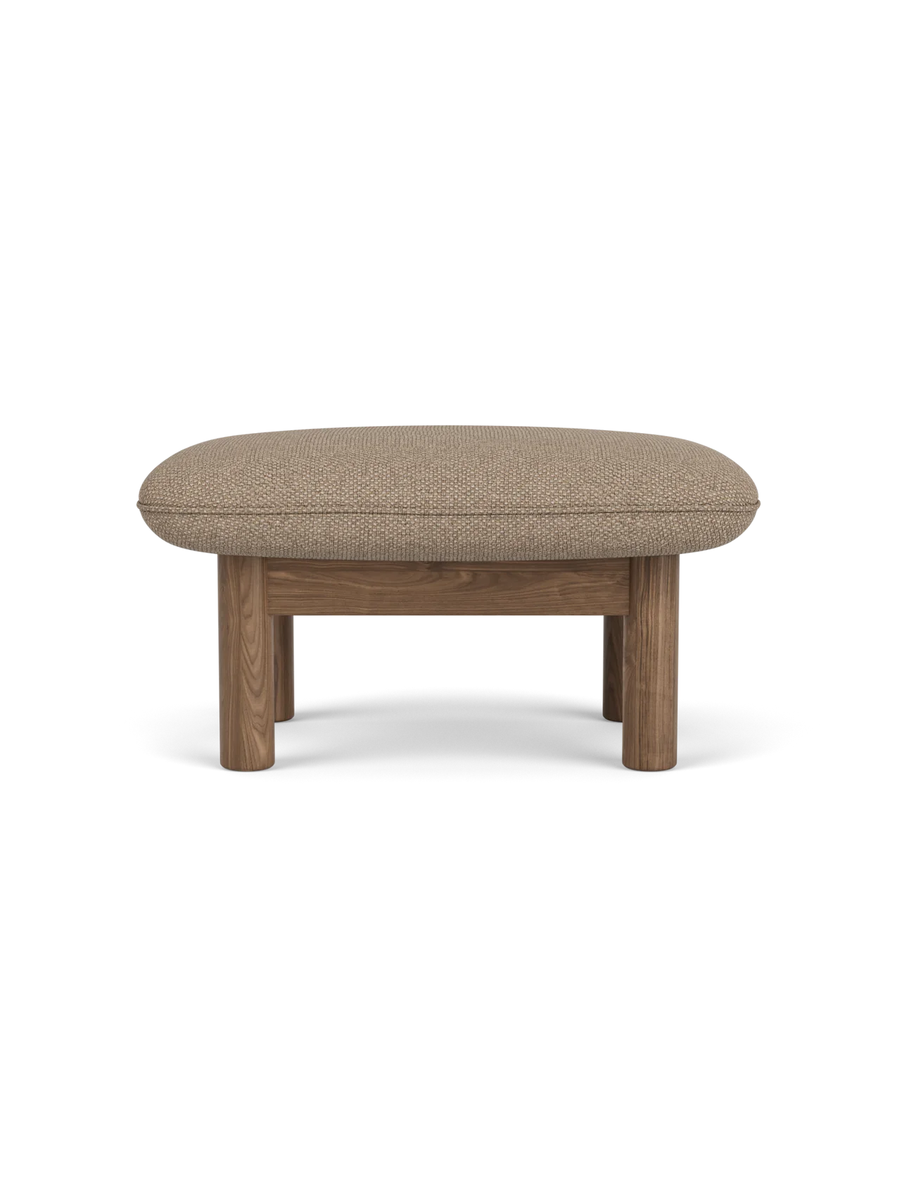 Side profile of the Brasilia Ottoman with a walnut frame and cushioned seat upholstered in textured Logan Flint fabric.