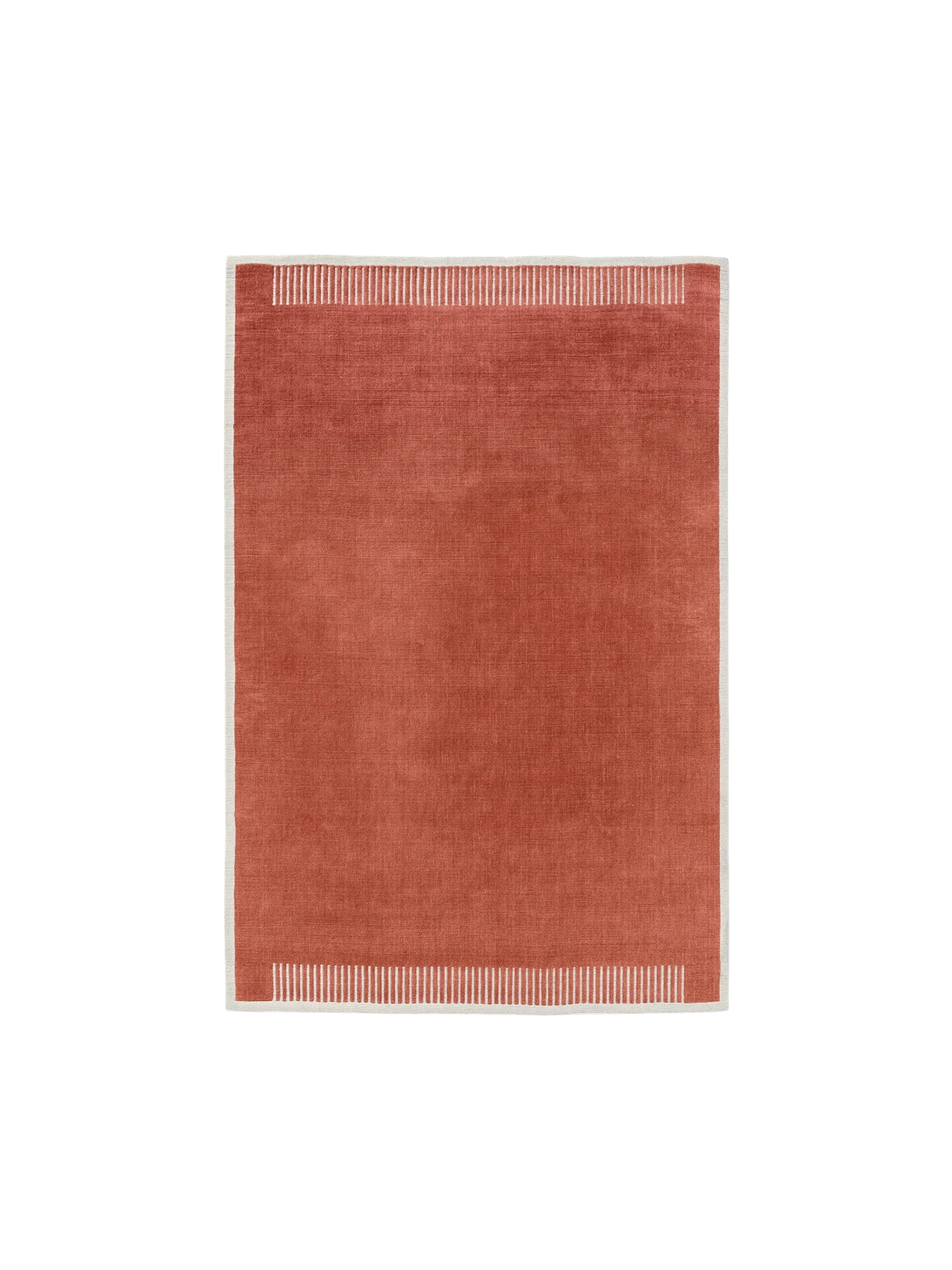 Top view of the rectangular Duomo Rug in Terracotta Red. It has an off-white border with a striped pattern on the short ends.