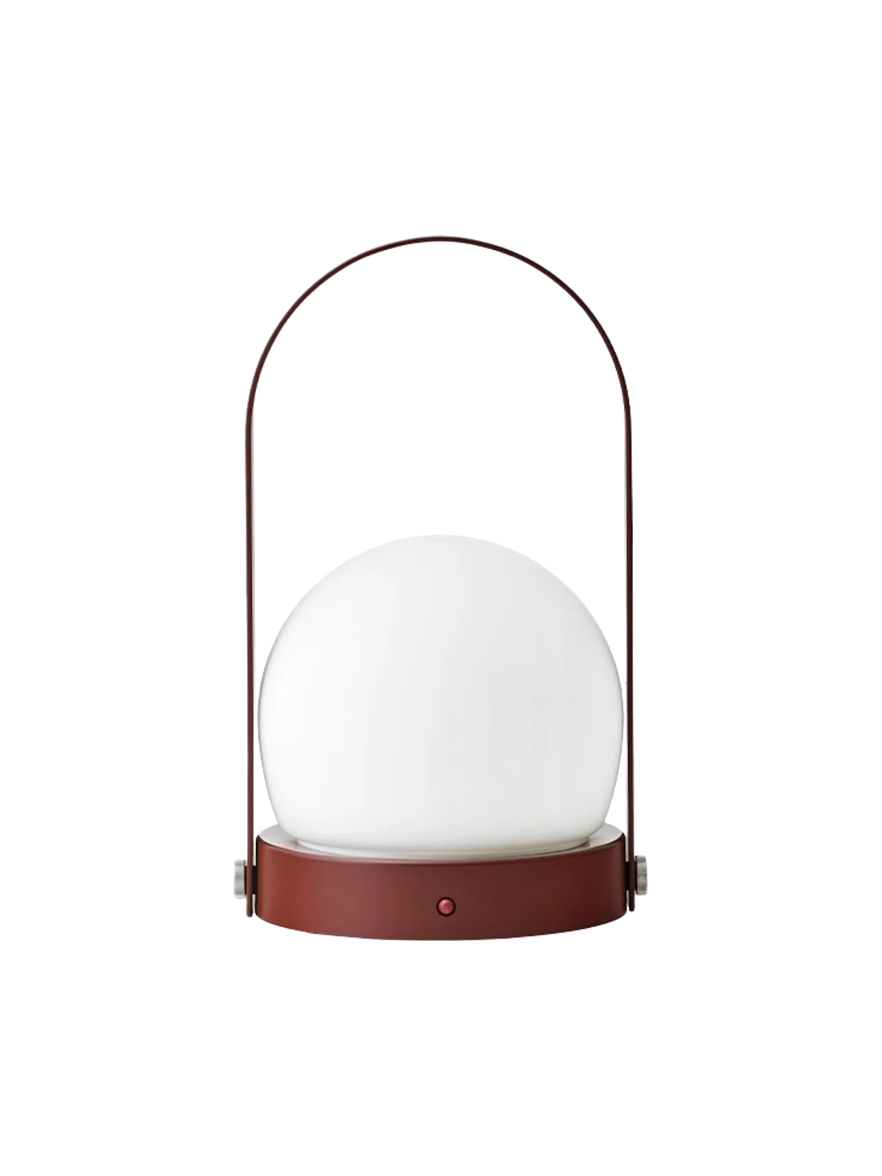 Front view of the Carrie Table Lamp, Portable, in Burned Red. It features a white glass shade on a red base and handle.