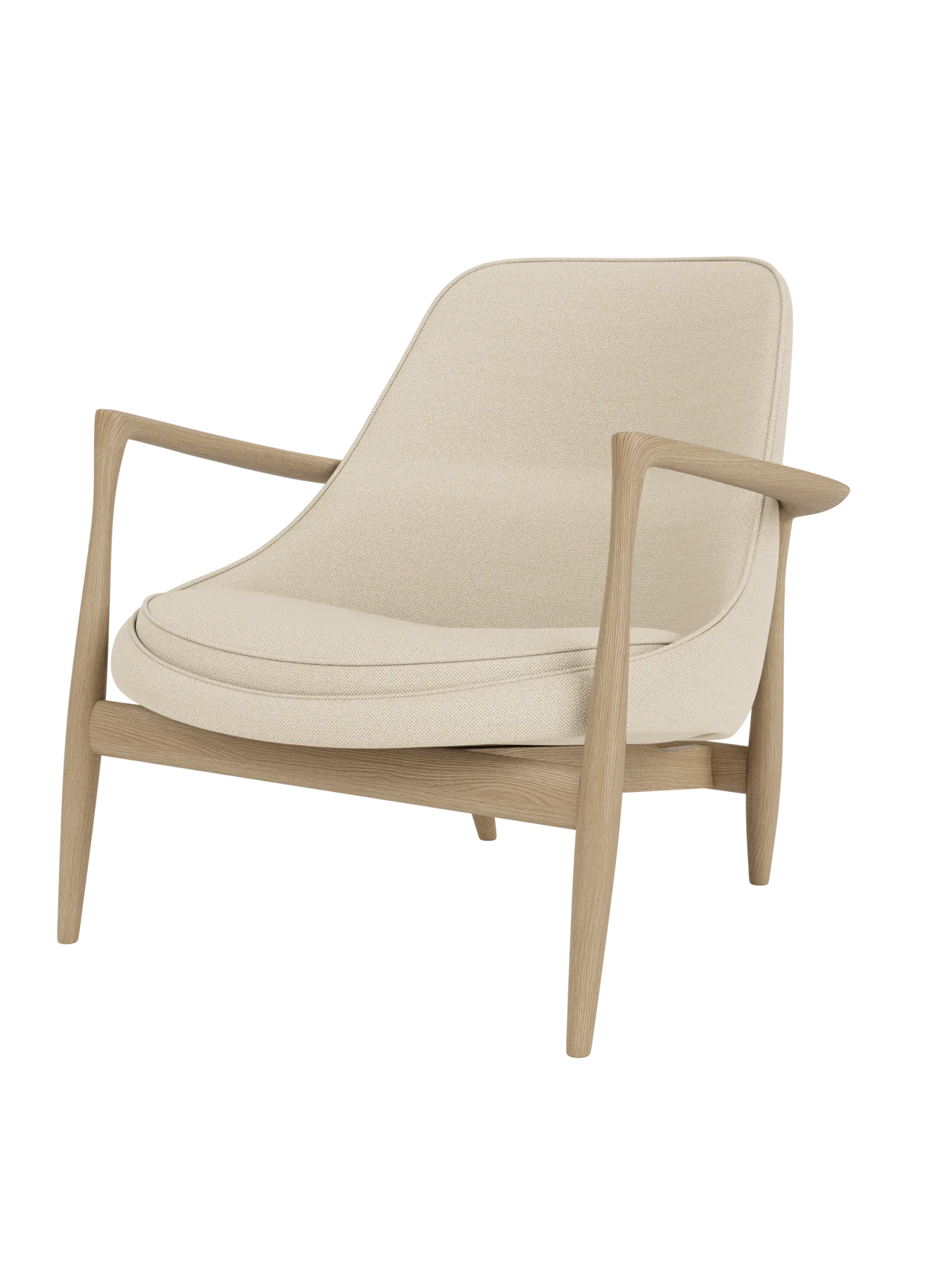 Elizabeth Lounge Chair shown at an angle, featuring a natural oak frame and textured, off-white Hallingdal 200 upholstery.