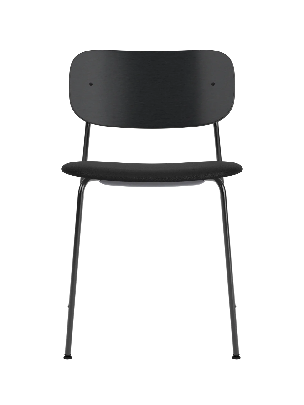 Black Co Dining Chair featuring a black painted oak backrest and upholstered seat on a slender steel frame.