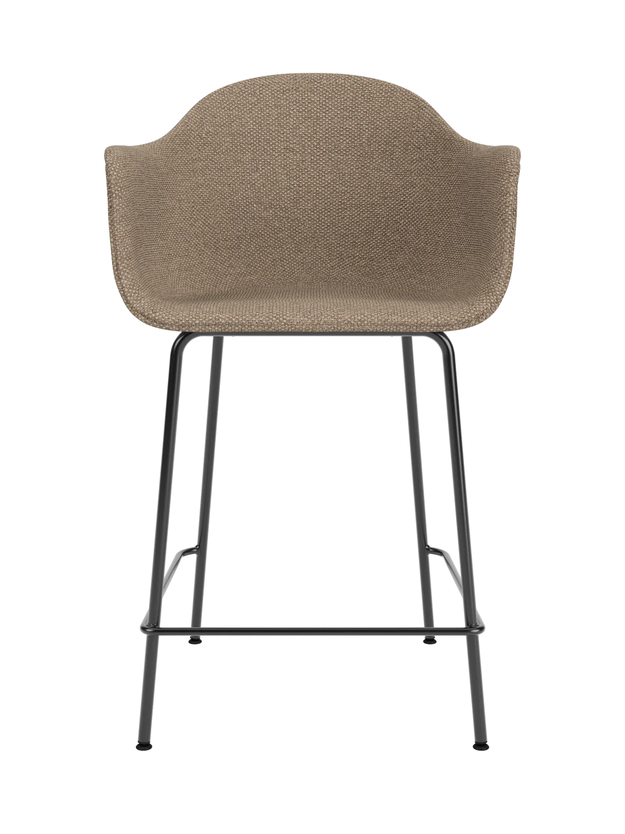 Harbour Counter Chair upholstered in textured Logan Flint fabric with slim black steel legs and integrated footrest.