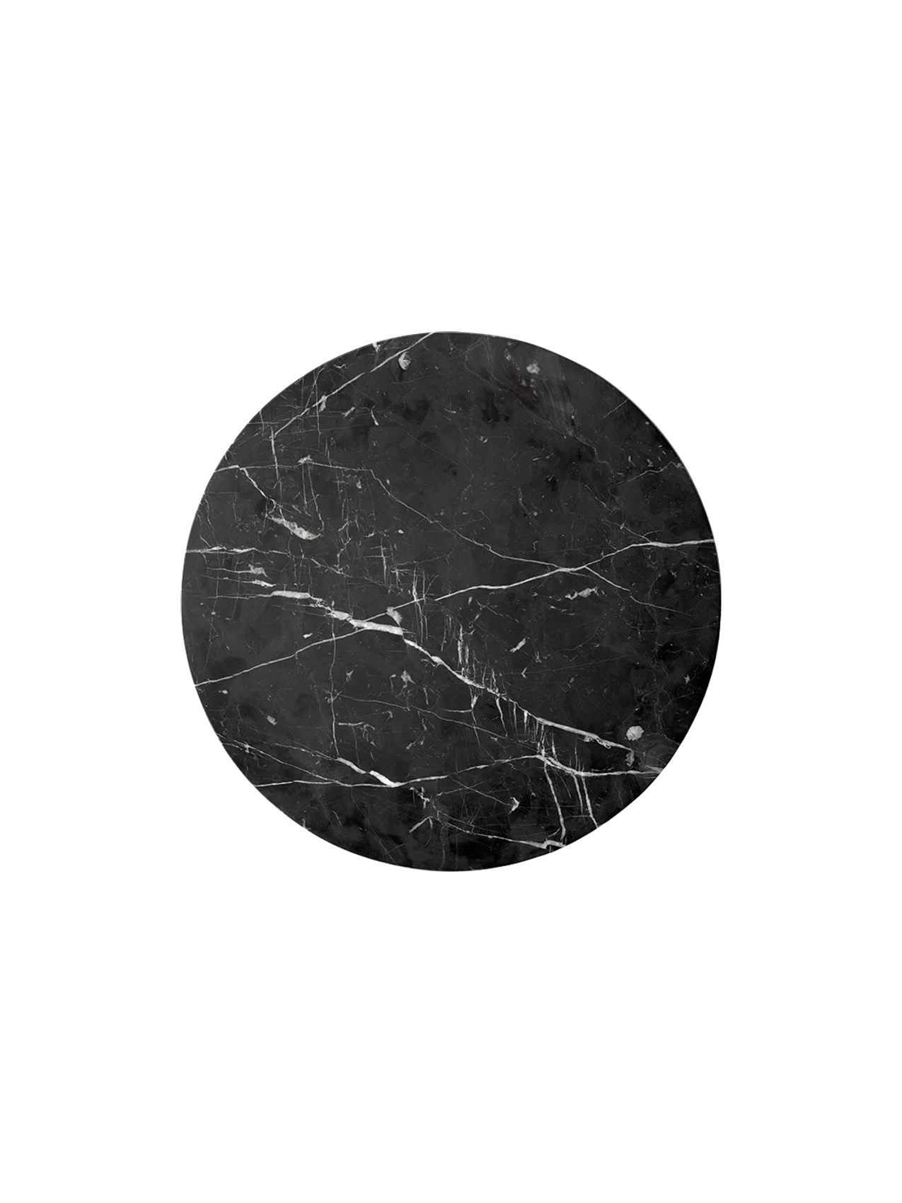 A top-down view of the circular black marble tabletop for the Androgyne Side Table, showing its intricate white veining.