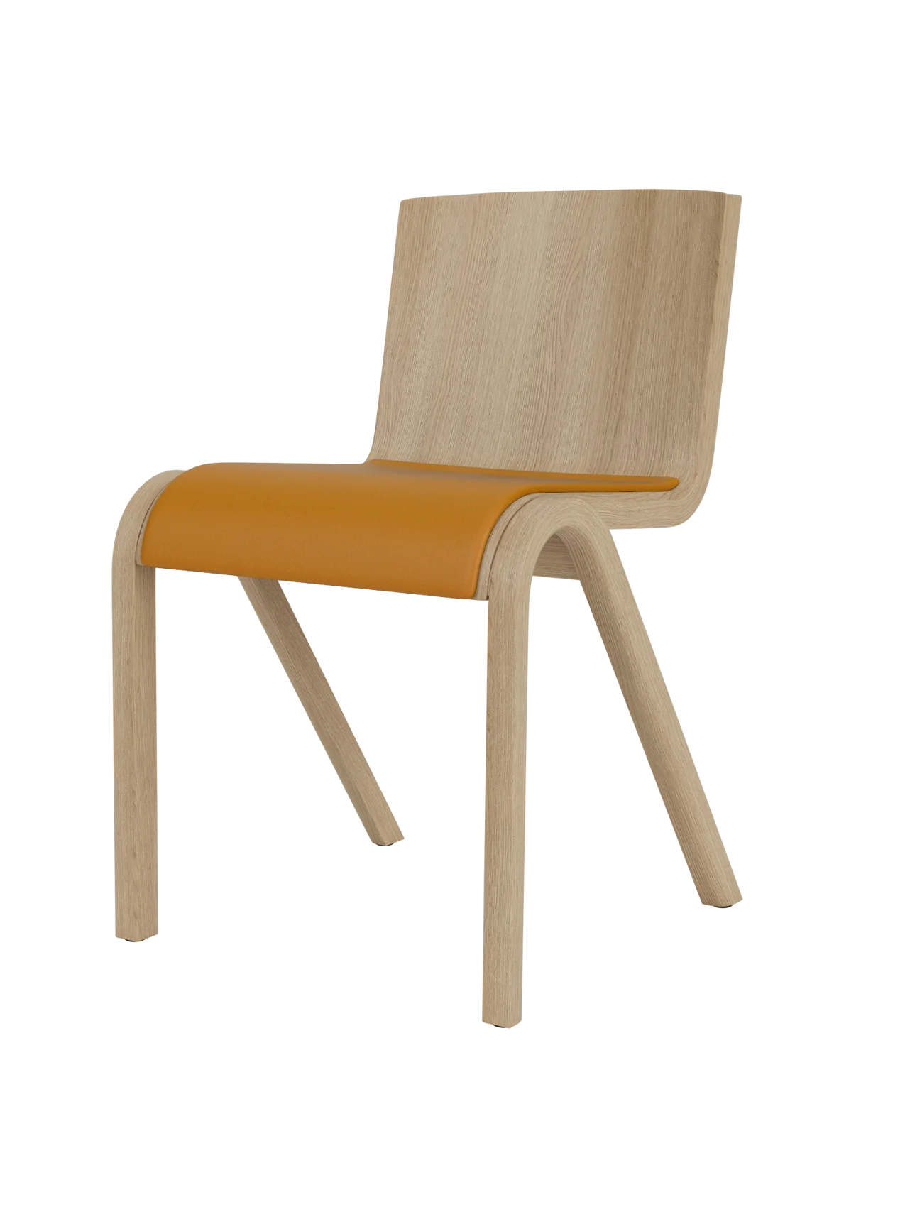 Front three-quarter view of the Ready Dining Chair. It has a natural oak frame and a tan upholstered seat.