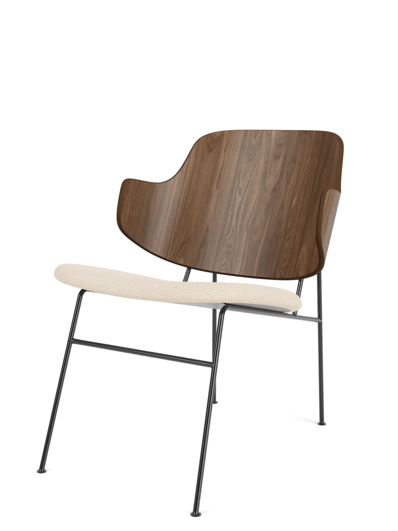 The Penguin Lounge Chair in Walnut with a Logan Jasmine upholstered seat and black steel frame, viewed from the side.