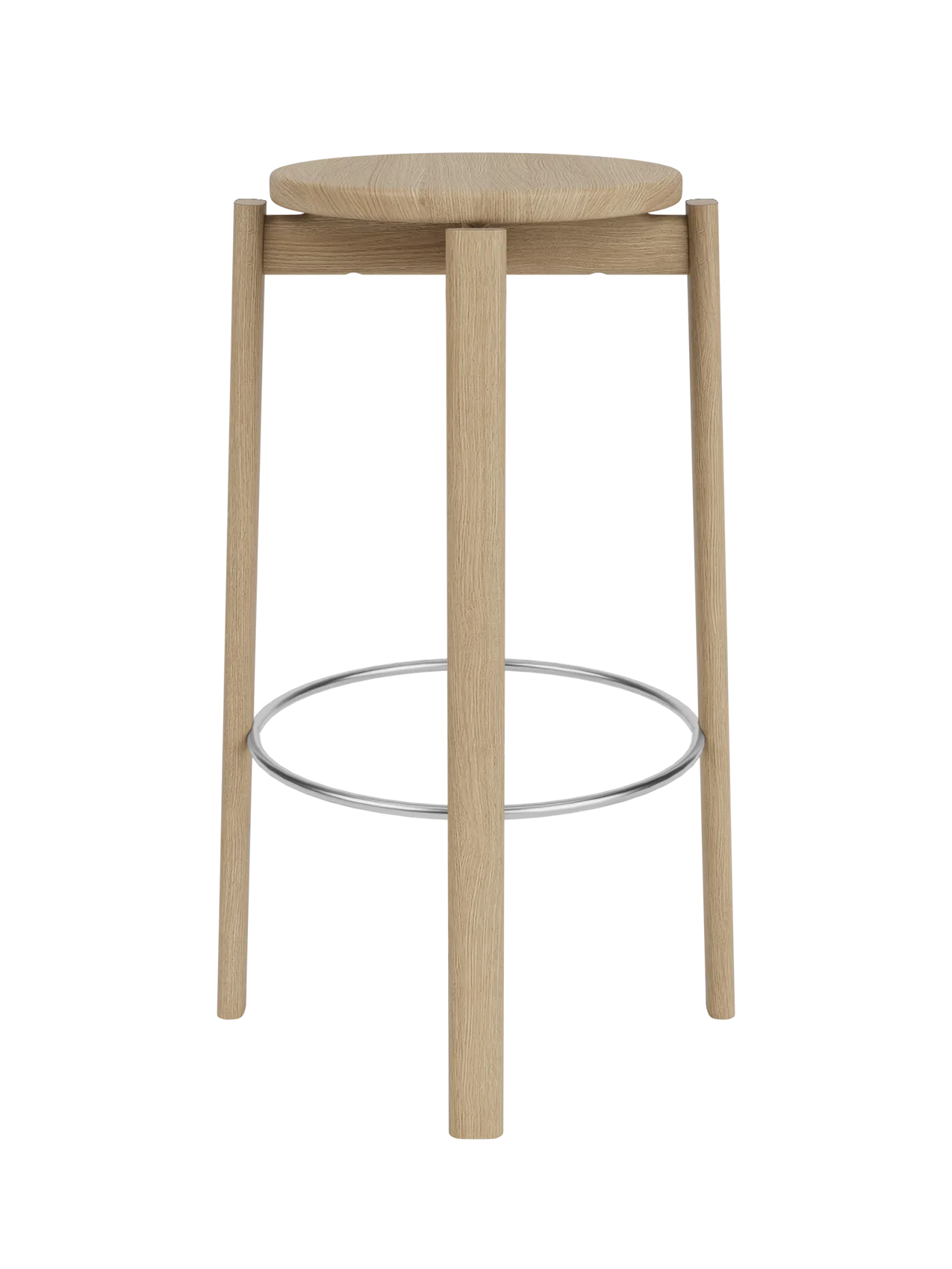 A front-on view of the Passage Bar Stool in natural oak, featuring a round seat, four legs, and a stainless steel footring.